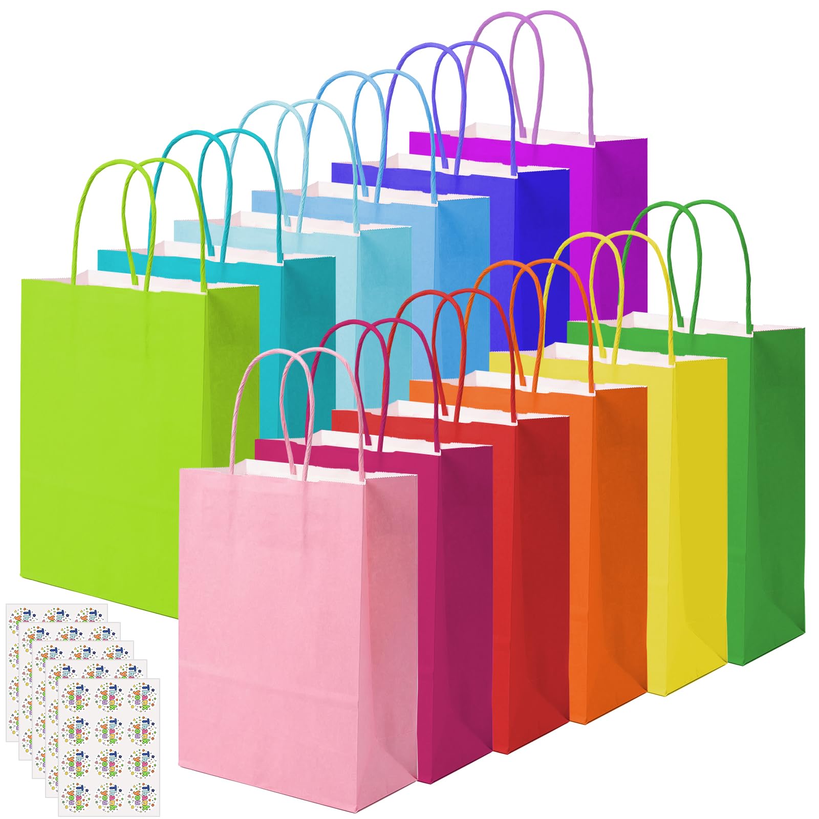 60 Pcs Paper Party Bags with Handles, Gift and Sweet Bags with 60 Thank You Stickers, 16x8x22cm Kraft Paper Goodie Bag for Parties, Birthday, Halloween, Christmas, Wedding Celebrations