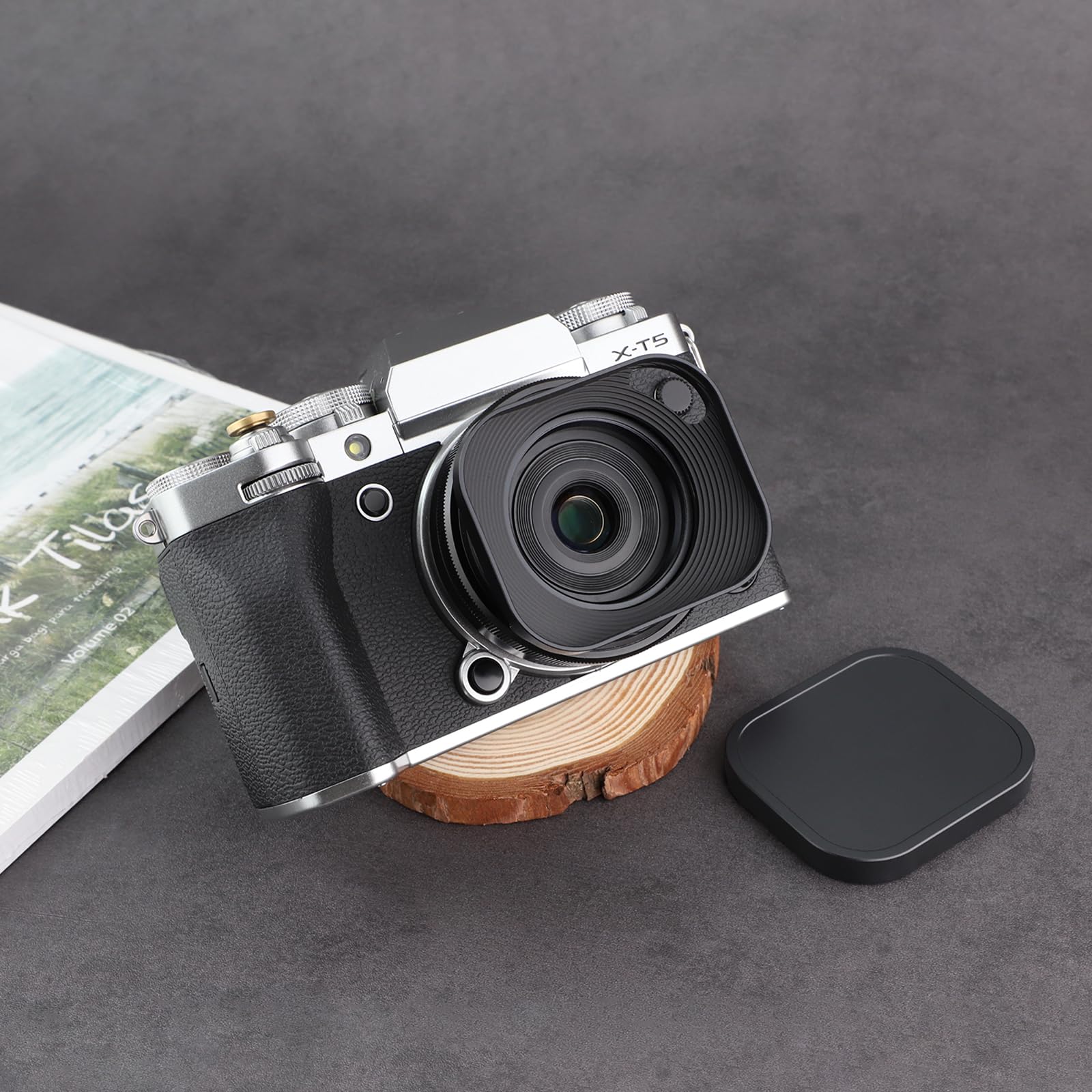 Haoge Metalowa kwadratowa osłona obiektywu do Fujifilm xf 23 f2.8 Fujinon XF27mmF2.8 R WR osłona obiektywu czarna, metalowa kwadratowa z metalową nasadką, na korpusie aparatu XE-5 XM5 XT50