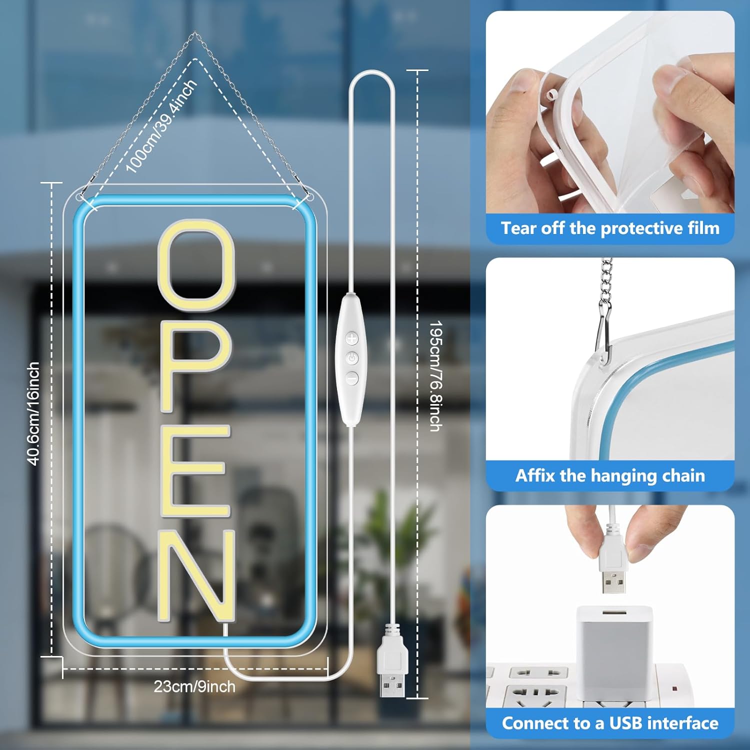 Open Signs for Business, 16''×9'' Bright Open Sign LED Powered by USB with ON/OFF Switch, Adjustable Brightness COB Open Signs for Bar Shop Coffee Wall Window Storefront (Ice Blue & White; Vertical) - Image 2