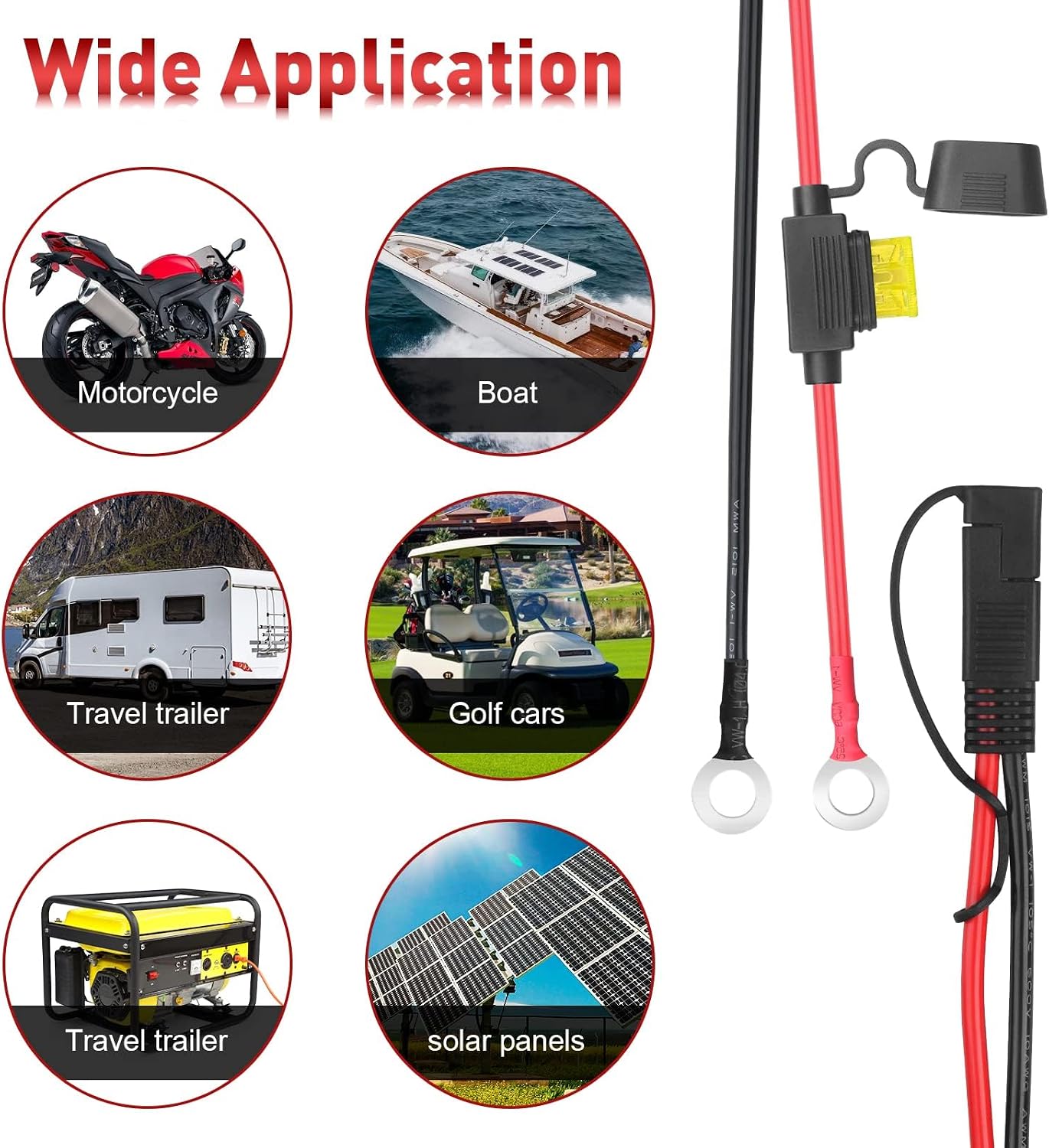10AWG SAE to O Ring Terminal Harness Battery Cable Extension,4Ft | SAE Battery Connector, 15A 20A 30A Protection Fuse, 2-Pin SAE Quick Disconnect, For Motorcycle RVs Boats