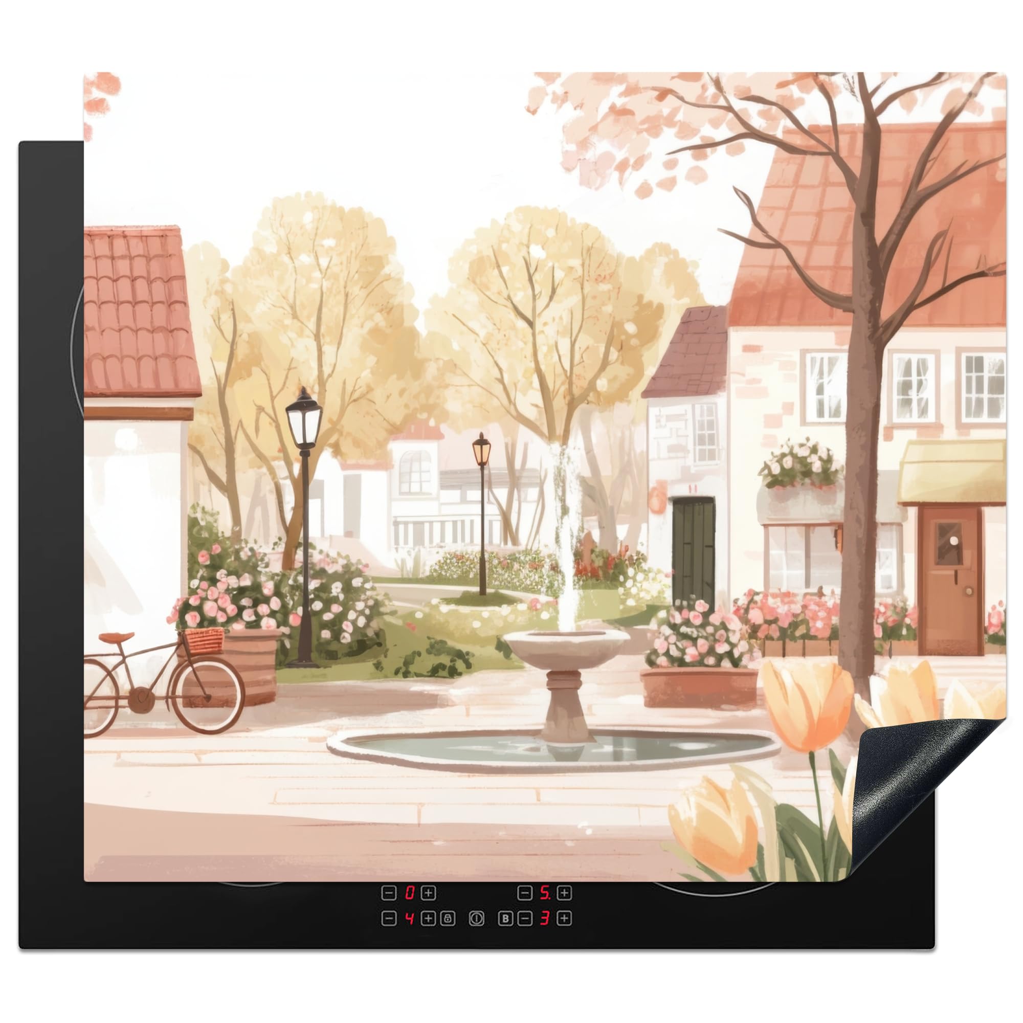 KitchenYeah© Induction Hob Protector Mat 20.5"x23.2" / 59x52 cm Cooker Top Protectors Cover Ceramic Covers Electric Hobs Vinyl Village Square - Fountain - Tulips