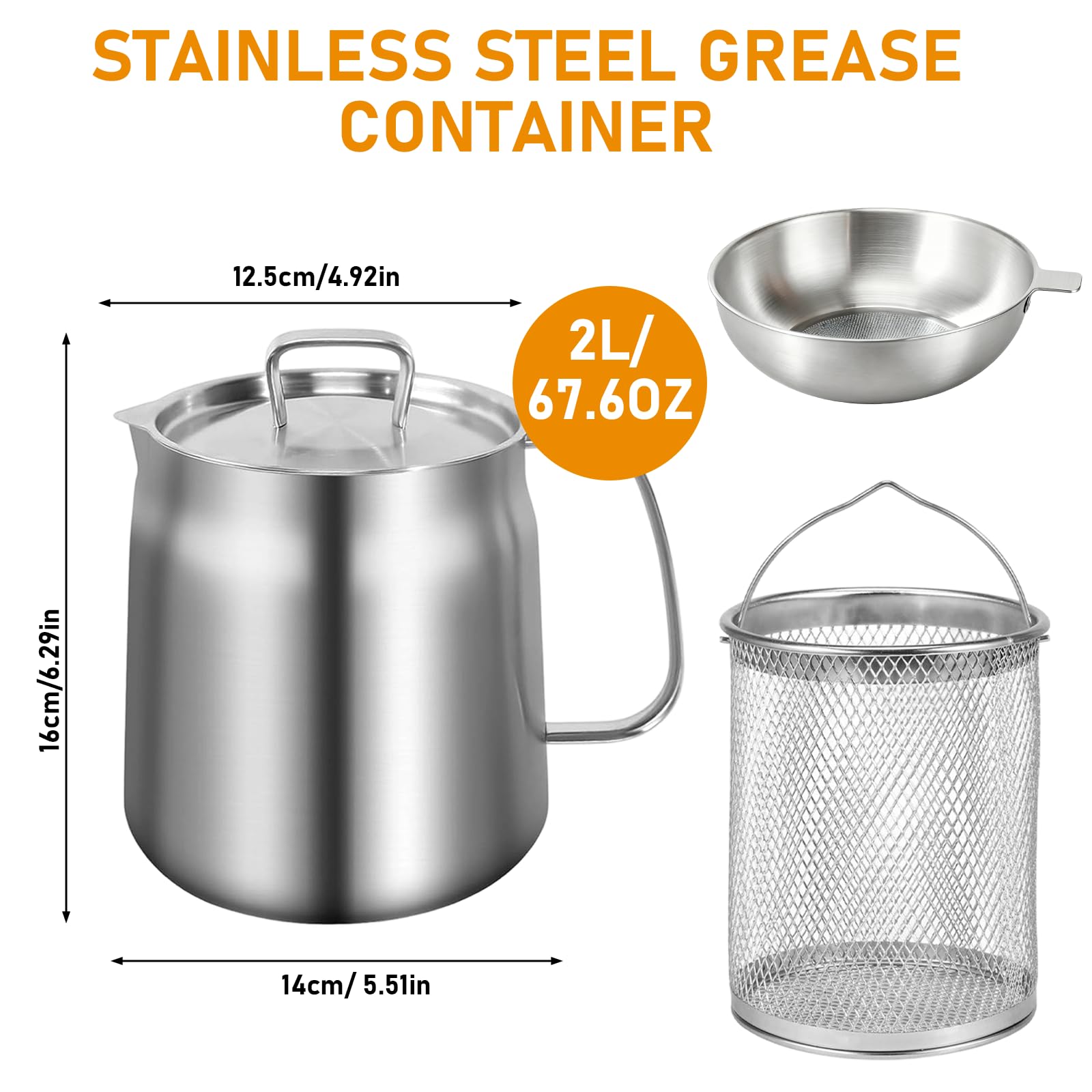 Passoire pour friteuse, pot de filtre à huile en acier inoxydable 304 avec panier filtrant, couvercle anti-poussière et plateau antidérapant avec poignée, récipient à graisse bacon, réservoir de