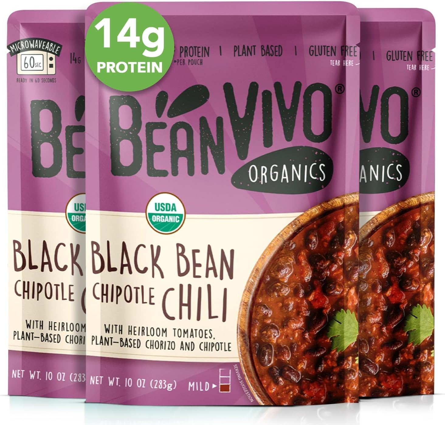 (Pack of 3) Organics 14g Plant based Protein Black Beans Chipotle Chili - Good Source of Fiber - Nutritious & Microwave Meals - Gluten-Free Plant Food - 10 oz