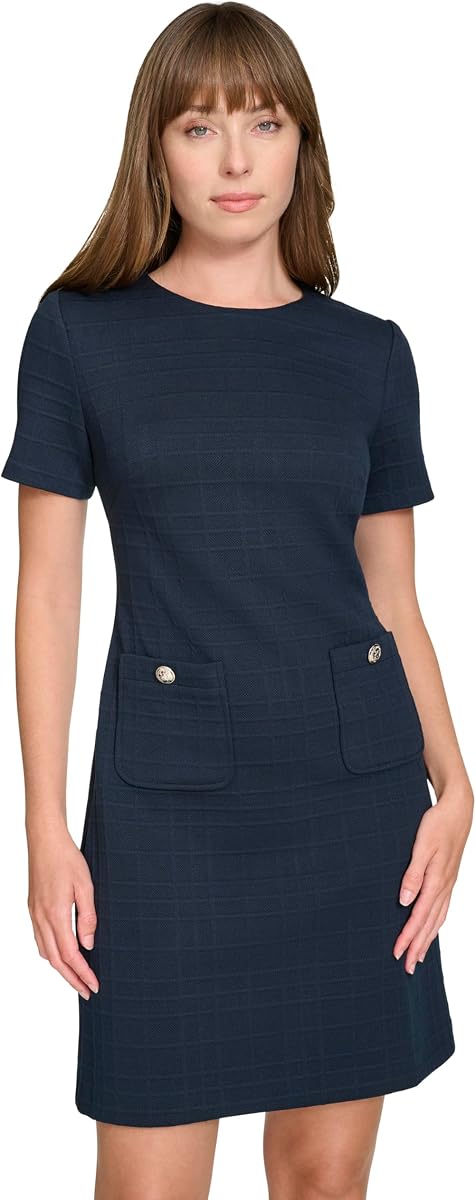 Tommy Hilfiger Women's Short Sleeve Jewel Neck Novelty Button Mini Shift Dress