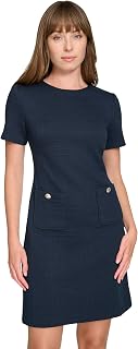 Tommy Hilfiger Women's Short Sleeve Jewel Neck Novelty Button Mini Shift Dress