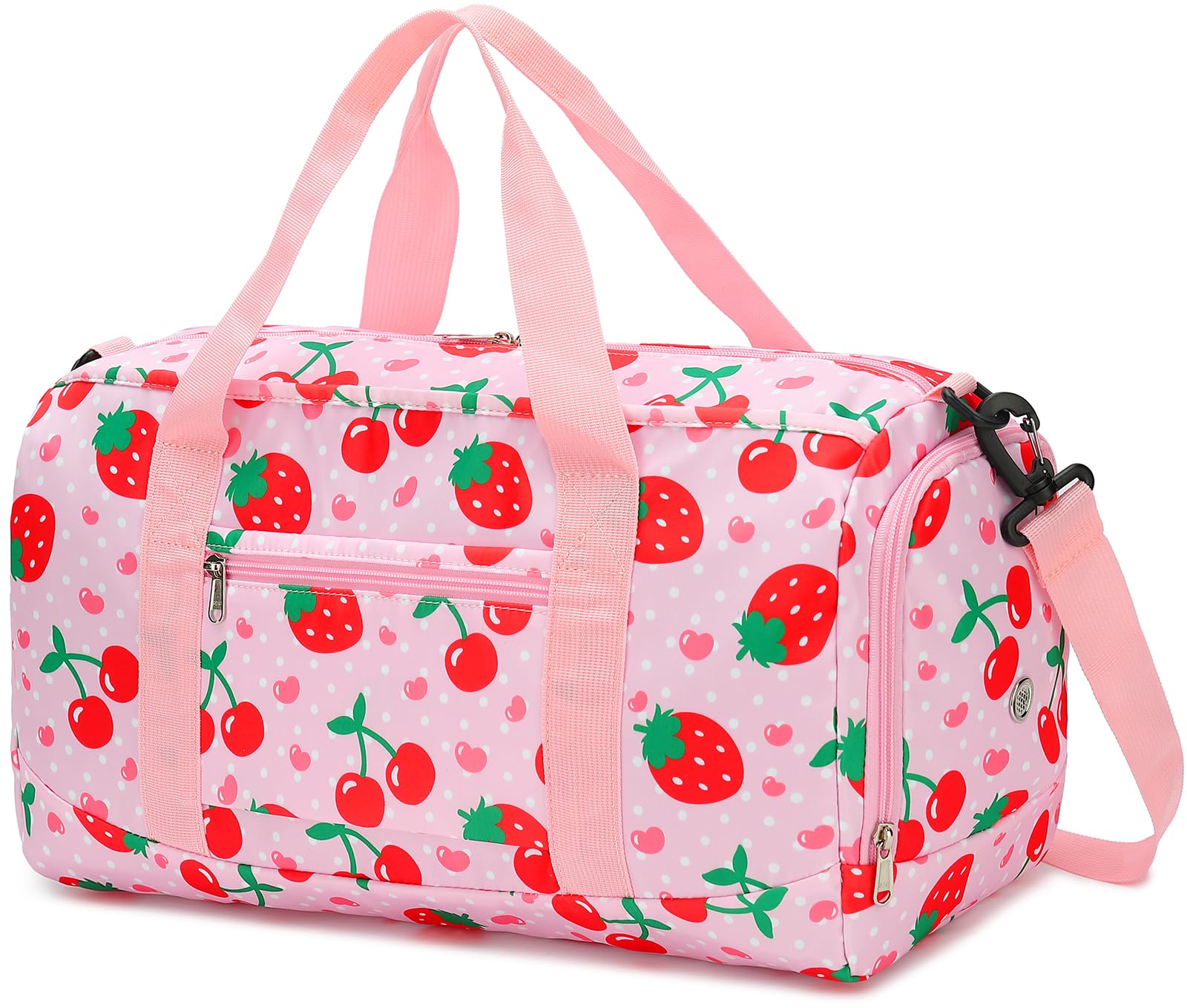 Women Girls Gym Bag Workout Travel Weekender Bag with Shoe Compartment and Wet Pocket, Strawberry, Cherry, Pink, Sporty
