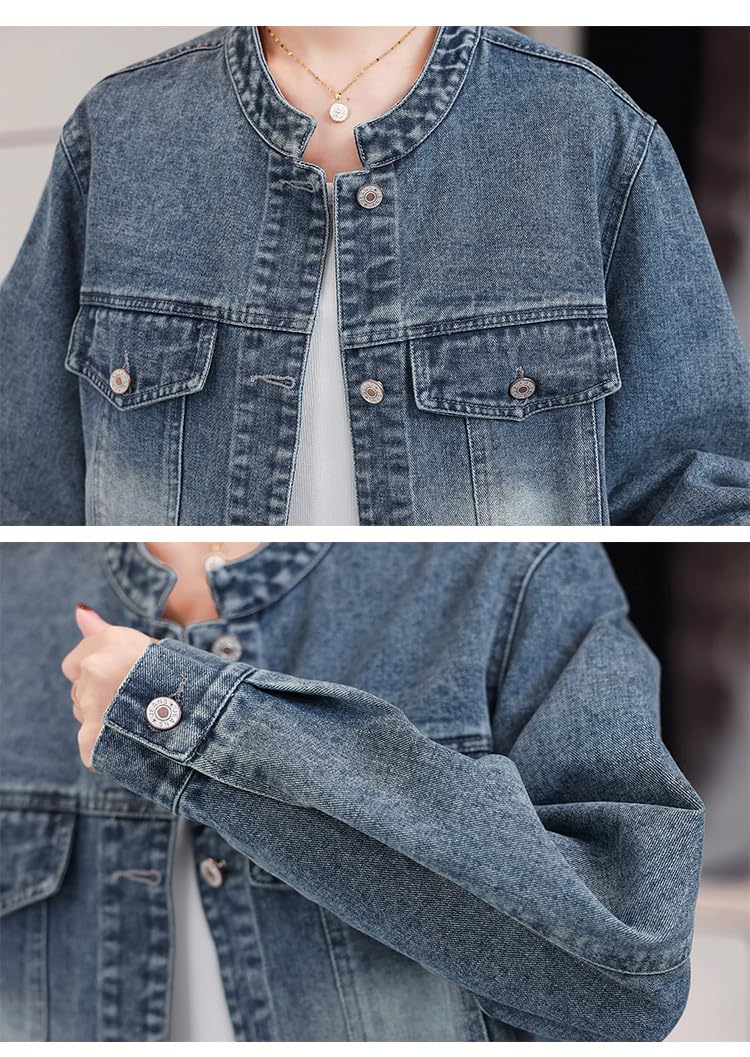 Chaqueta Vaquera Informal De Primavera Para Mujer Chaqueta Corta Con Cuello Redondo Y Dobladillo De Encaje Con Una Hilera De Botones Ropa De Abrigo Vaquera Elegante De Manga Larga