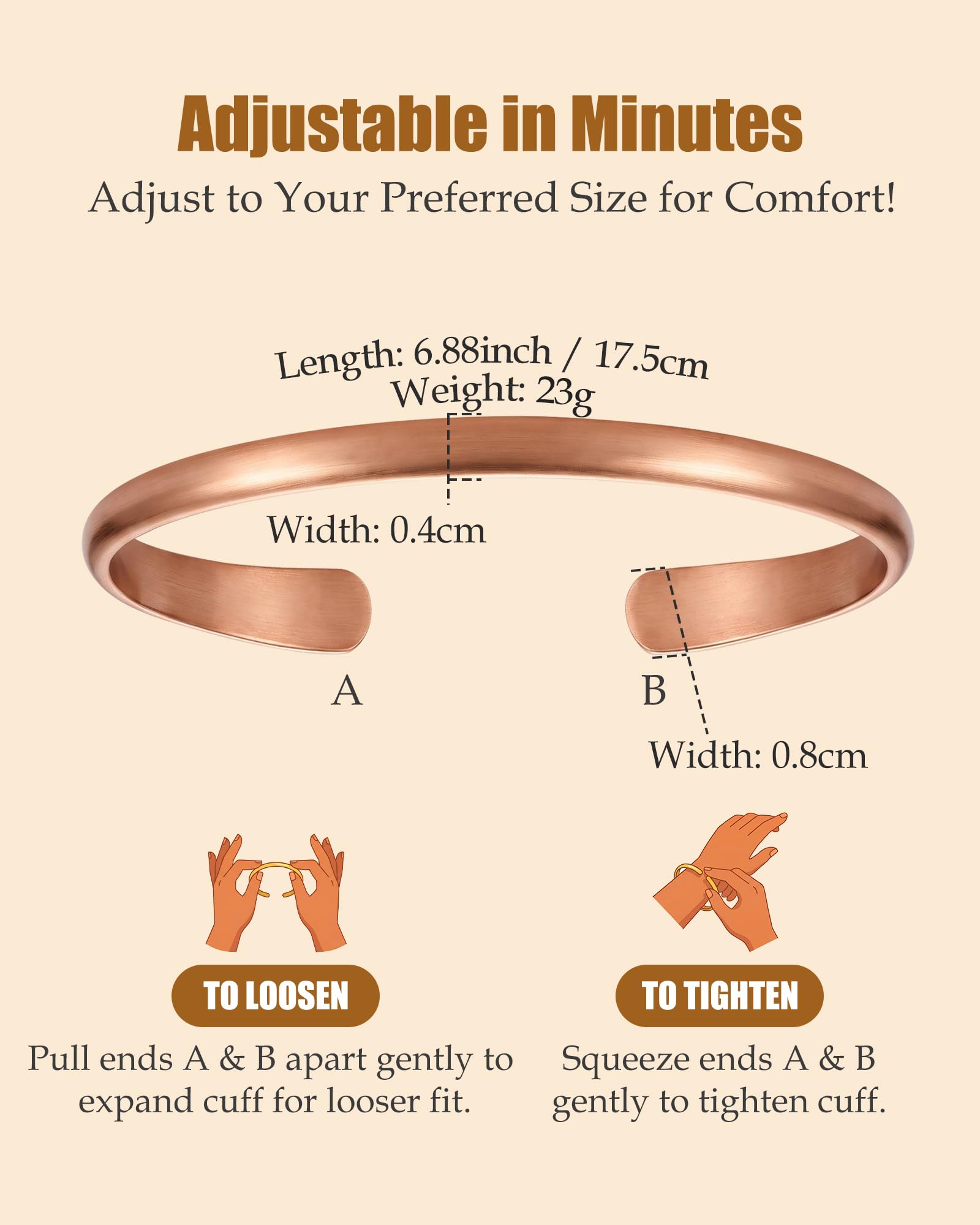 Jeracol Pulsera de cobre para mujeres y hombres, 100% cobre puro sólido