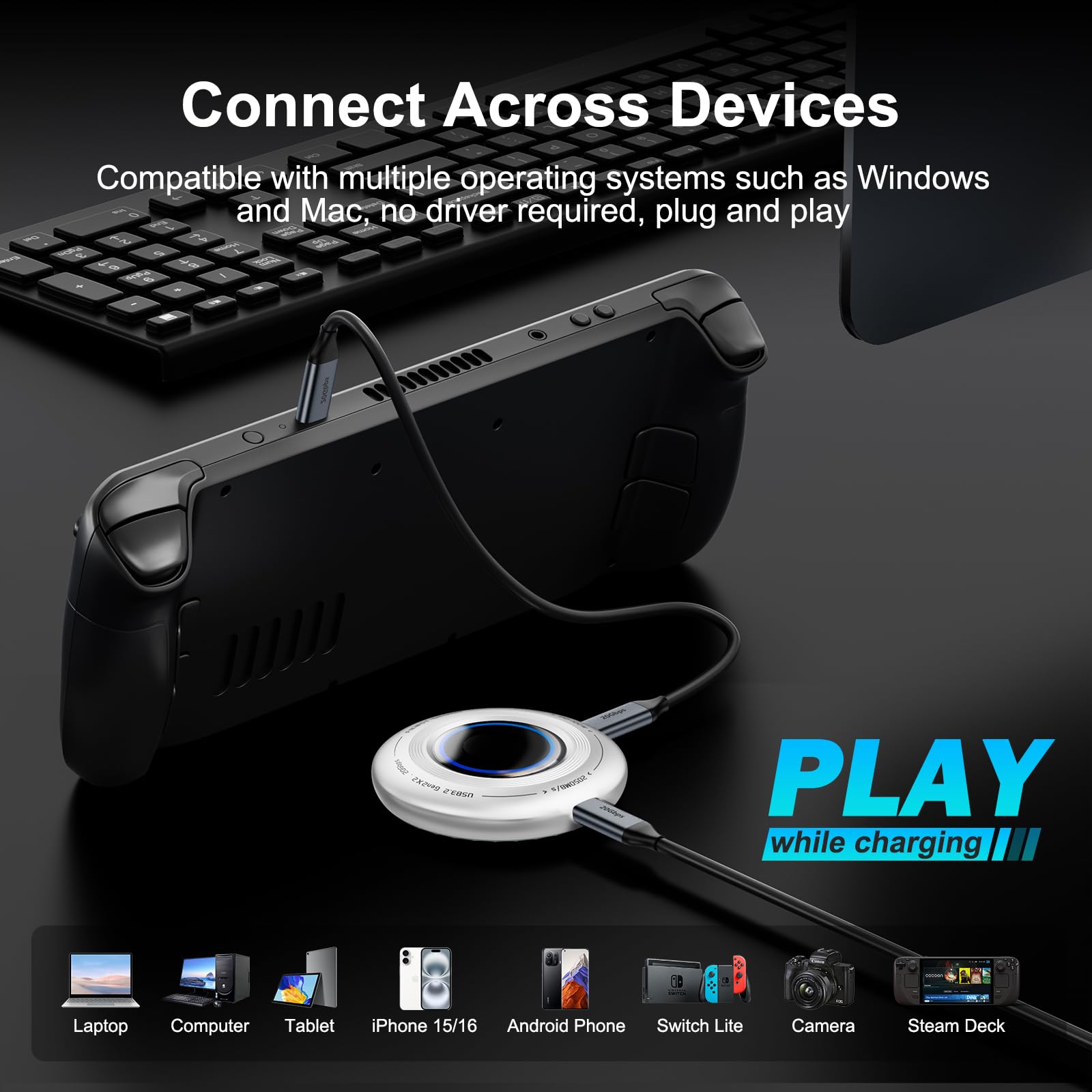 Fikwot FP108 2TB SSD esterno con PD-100 W e 2050 MB/s, USB 3.2 Gen2x2 con anello magnetico, riproduzione durante la ricarica, compatibile con iPhone 15/16, Steam Deck, Switch Lite e altro ancora!
