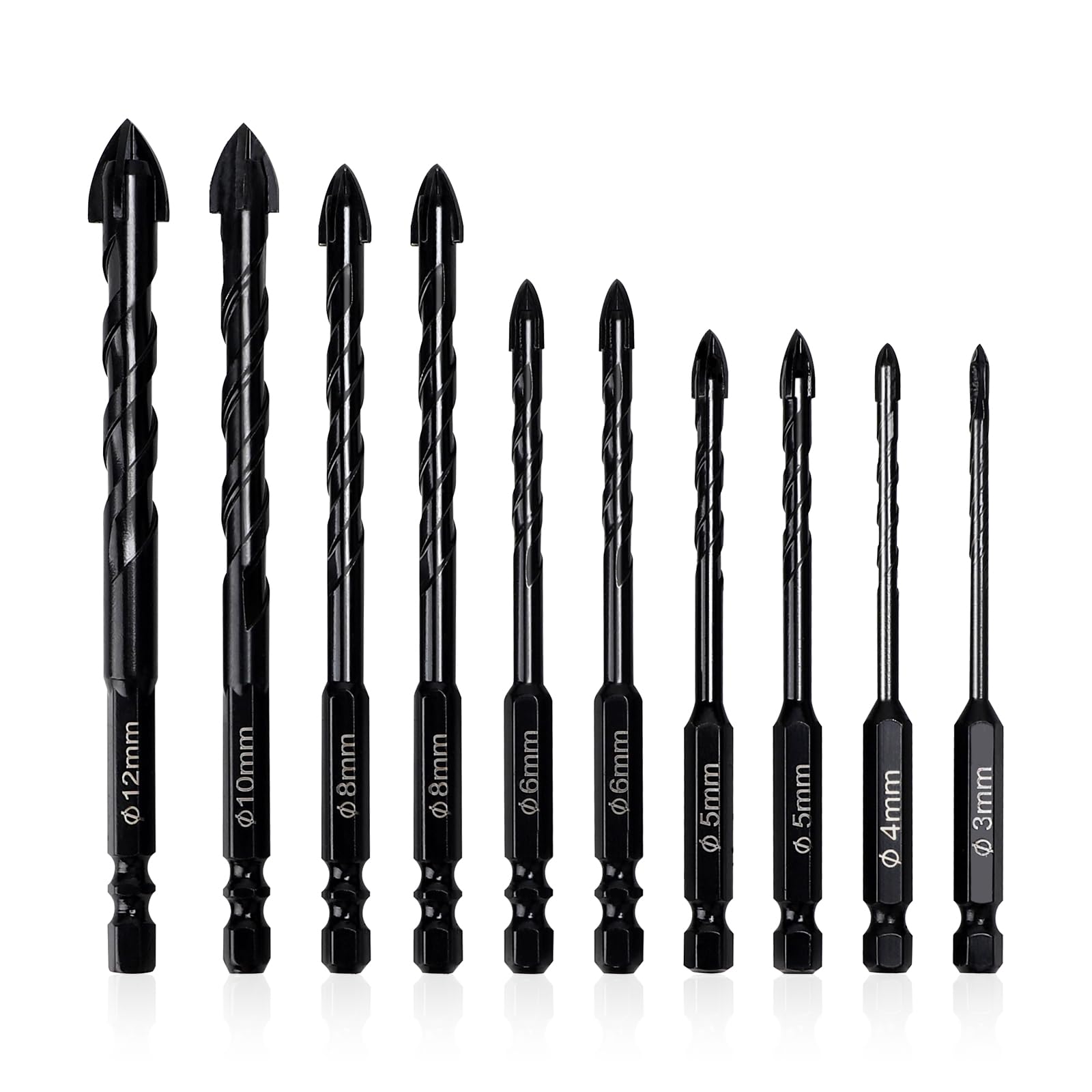 LALAGO Fliesenbohrer Set 10 tlg, Ø 3-12mm, Glasbohrer Set, Betonbohrer, Keramikbohrer, Universalbohrer für Metall Ziegel Glas Kunststoff Holz (Schwarz)