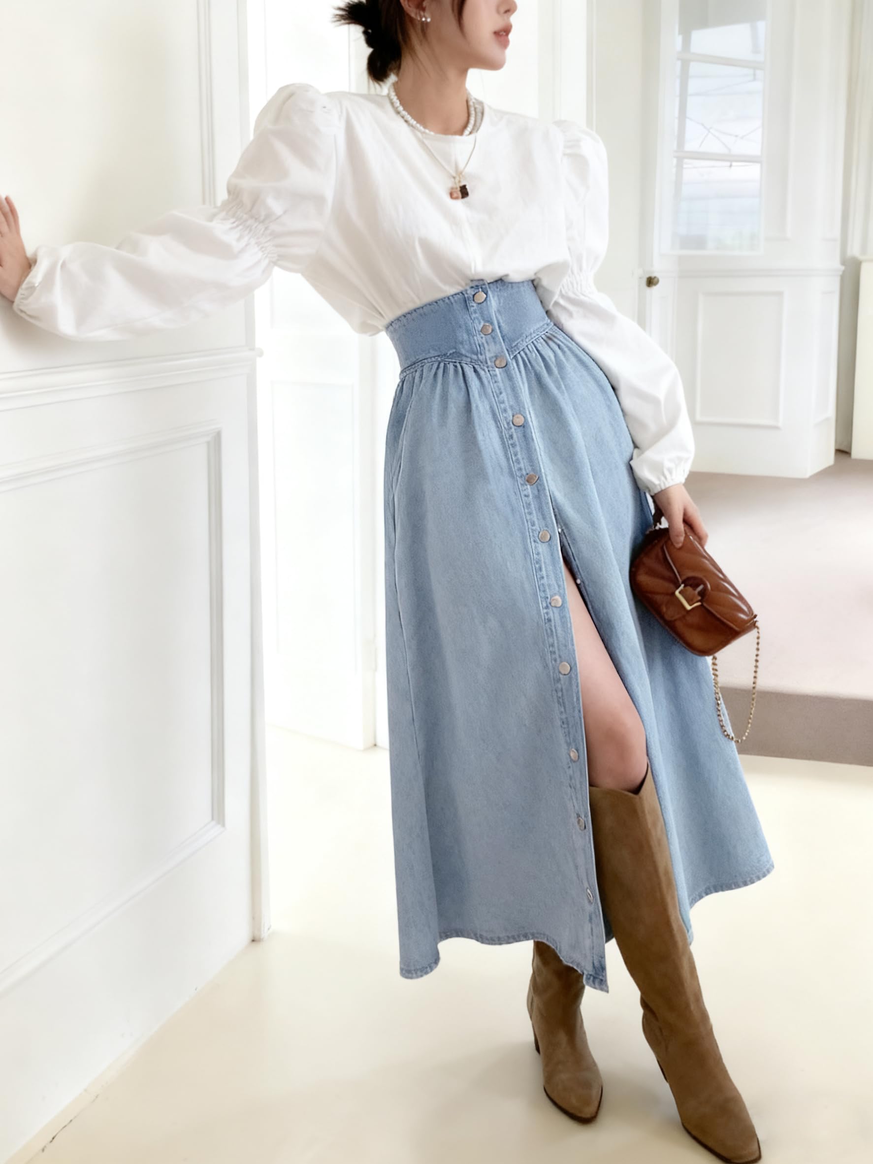 utcoco Langer Jeans-Maxirock für Damen mit hohem Bund, durchgehender Knopfleiste, A-Linie, schwingendem Schnitt und Taschen