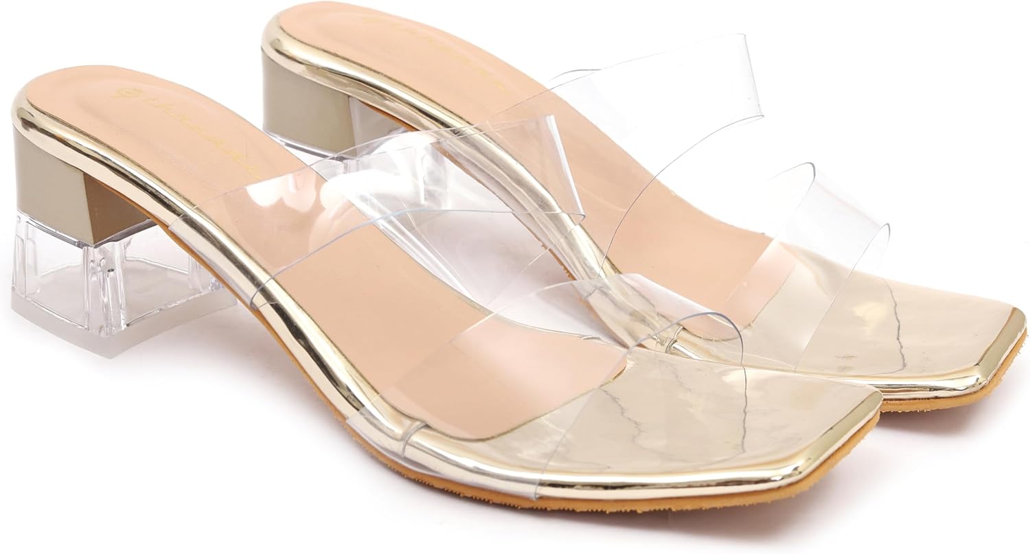 9threadz Women’s Transparent Block Heel Sandals | Stylish Open Toe Slip-On for Casual & Party Wear