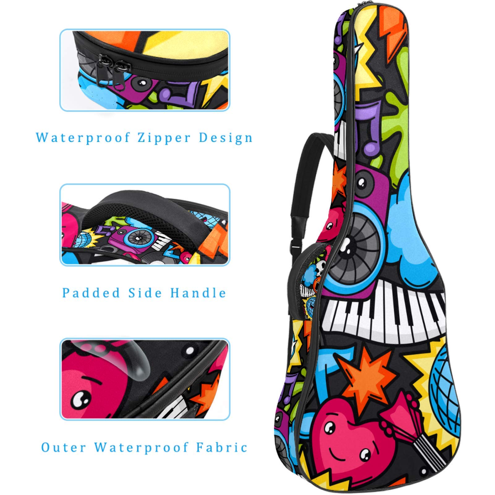 Borsa per chitarra impermeabile con cerniera morbida zaino per chitarra, basso acustico e classico folk chitarra elettrica divertente Cartoon Skull Guitar Rock Music Party