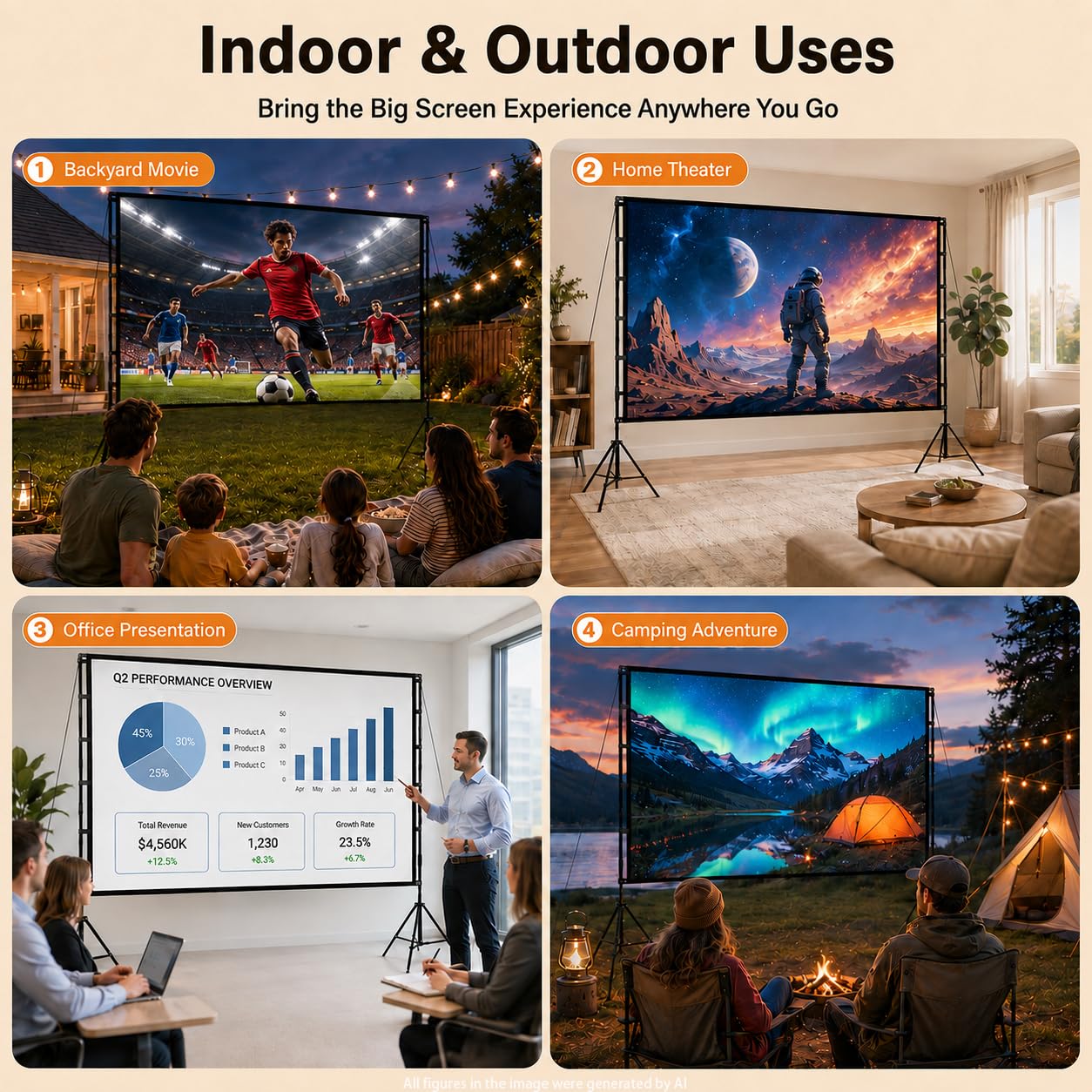 Pantalla Soporte para proyector,Towond Pantalla de proyeccion 120 Pulgadas para Interior y Exterior sin Arrugas 16:9 4K HD Pantalla de proyector de jardín Plegable para Noches de Cine en casa