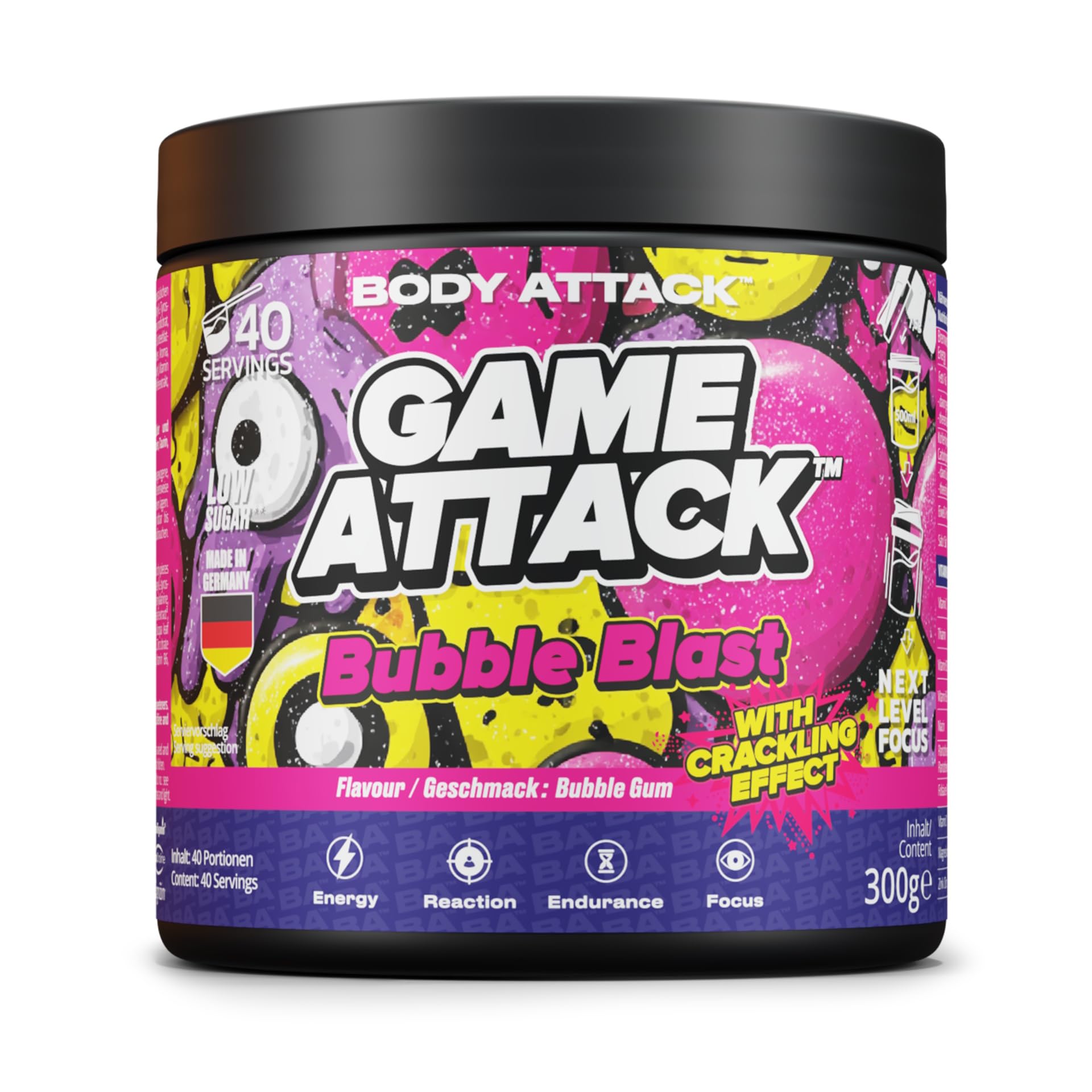 GAME ATTACK Gaming Booster - Bubble Blast - 300 g (40 Portionen) - Energy Drink Pulver für Fokus & Energie - 17 kcal/Portion - 18 Zutaten - geprüfte Qualität - Made in Germany