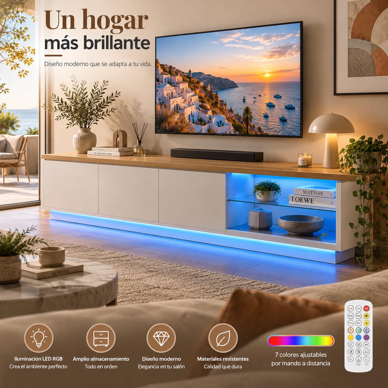 Mobile TV LED con 3 cassetti, mobile TV estensibile mobile TV moderno con cassetti armadio per TV con spazio aperto, cornice in legno, tavolo TV per soggiorno camera da letto (bianco-4, 200 x 39 x 42)