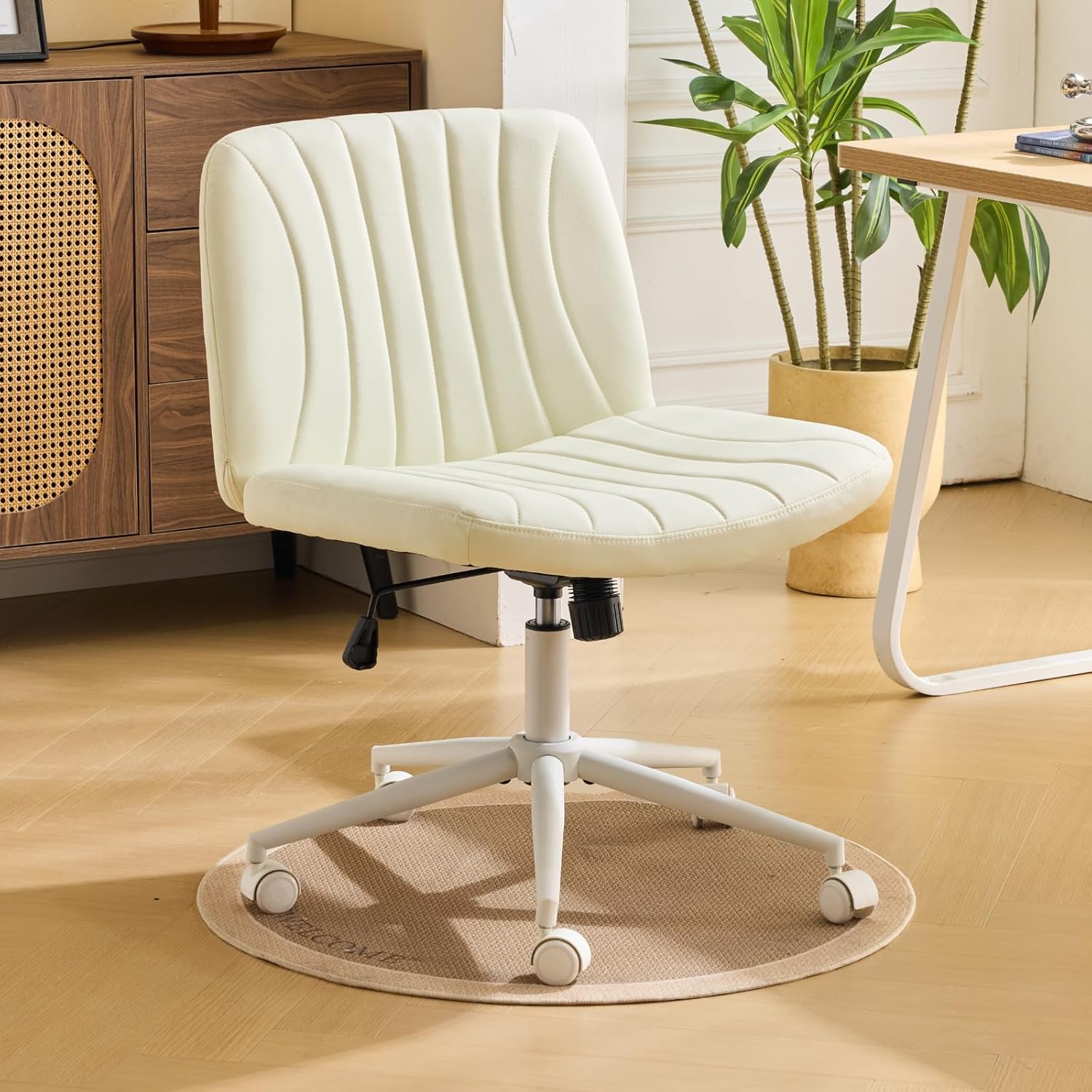 Karl home Cross Legged Office Chair, Ergonomic Criss Cross Desk Chair with SGS-certified Pneumatic Lift Mechanism, Wide Seating, PU Leather, High Resilience Foam Padding, 120° Rocking Back(White)
