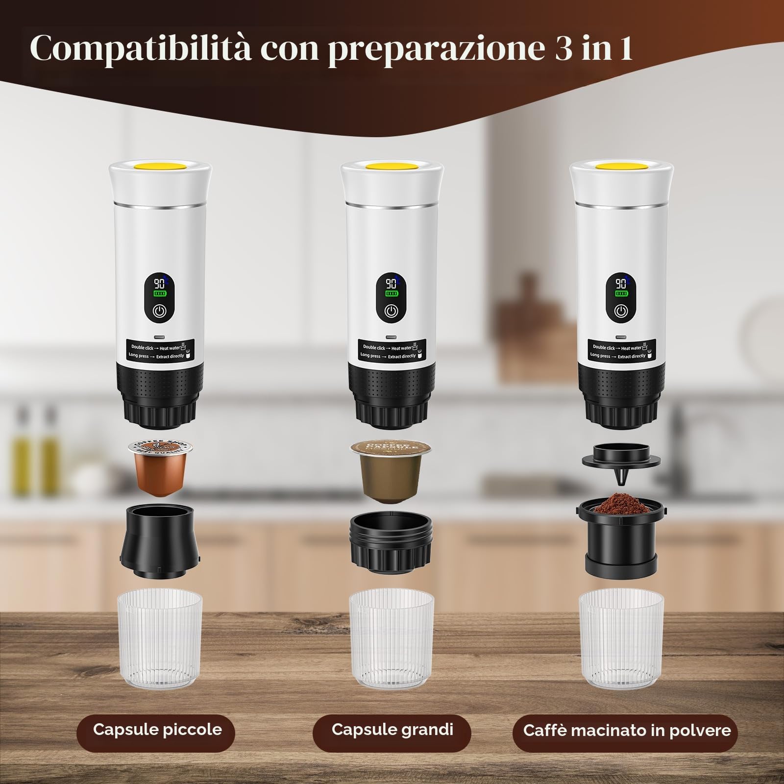 Macchina per caffè espresso elettrica, macchina a capsule, mini macchina da caffè portatile, compatibile con capsule di caffè/caffè in polvere, riscaldamento immediato per auto, outdoor (Bianco)