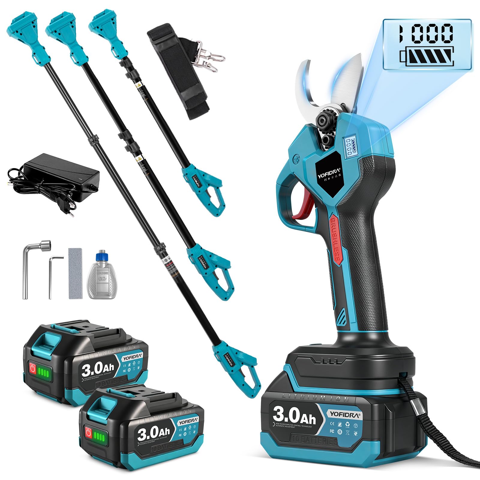 Yofidra 2-in-1 Akku Astschere Teleskop, 32mm Schnitt, Bürstenloser Motor, Elektrische Astschere mit Teleskopstange, 2x3,0Ah Batterien, LCD-Display, Max.4,1M, Gartenschere für Äste, Obstbäume
