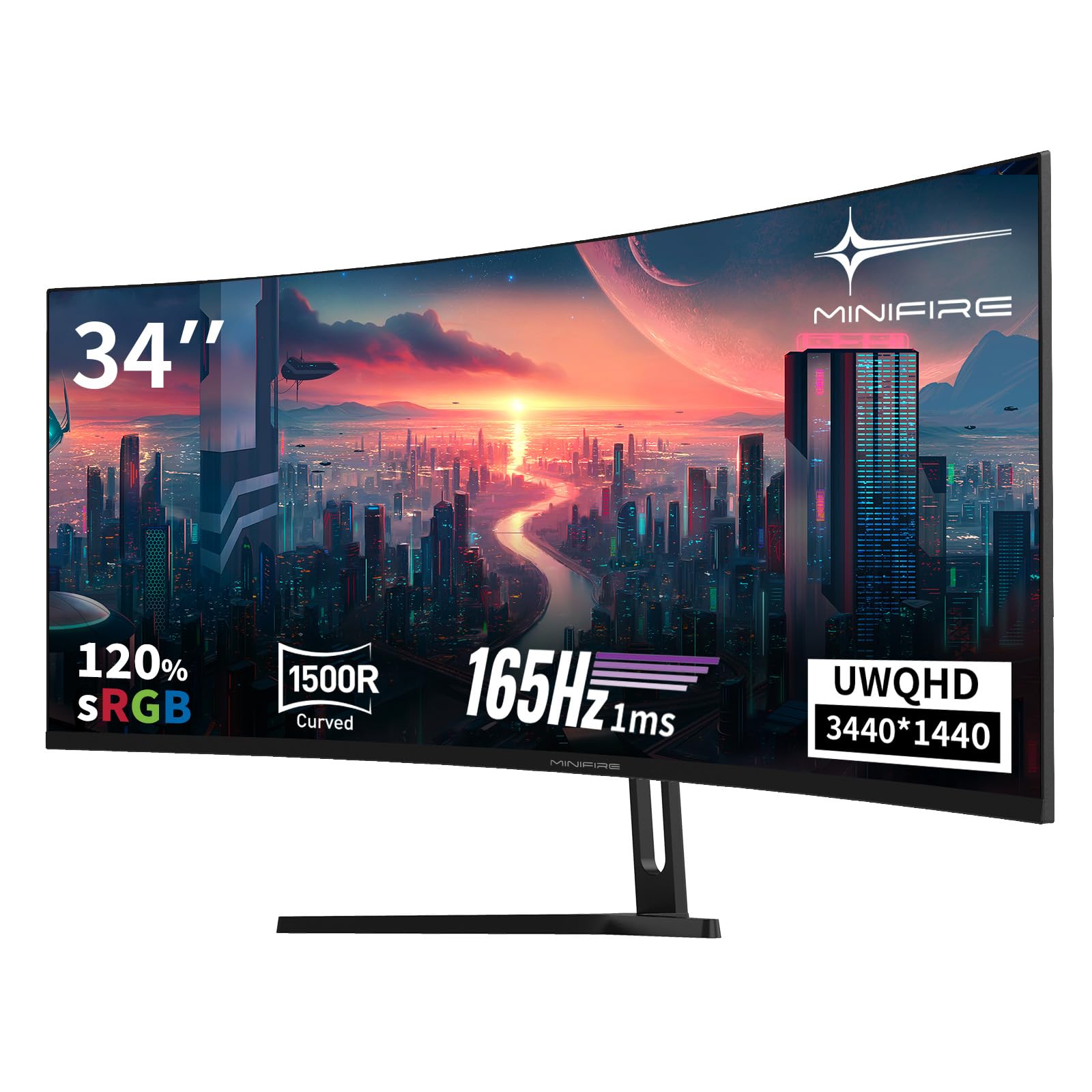 Minifire 34" UWQHD Curved Gaming Monitor 165Hz(DP),3440 x 1440, Curved 1500R,1ms(MPRT),Pip/PBP,FreeSync,HDR, 300nits, sRGB 125%, DCI-P3 95%,VA Panel,2xHDMI 2.1(TMDS) 1xDP 1.4 Ports MFG34C5Q