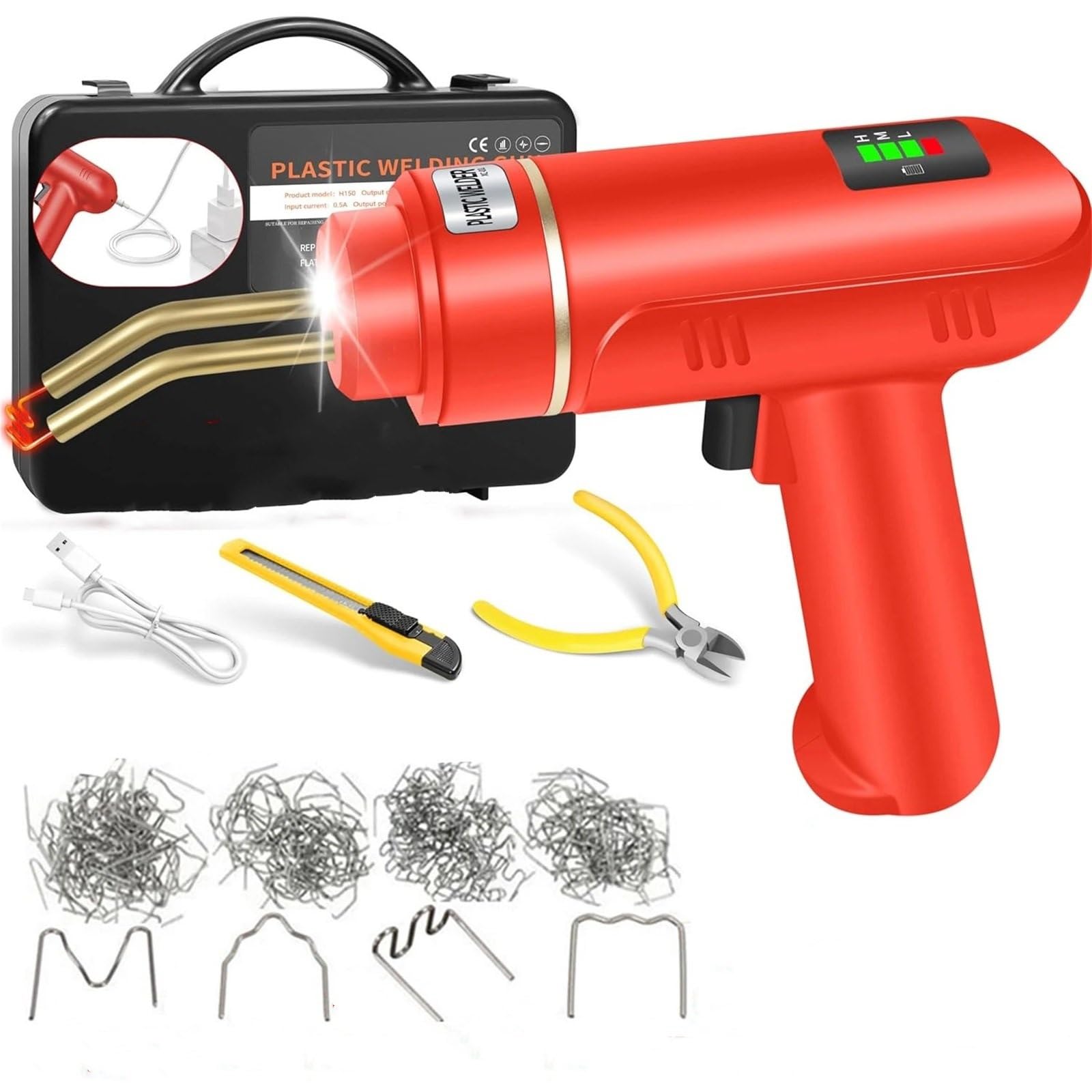 Kit di saldatura per plastica WeldeGun senza fili da 200 W, kit di riparazione paraurti ricaricabile tramite USB, 400/1200 pezzi di cucitrice a caldo(One set of red)