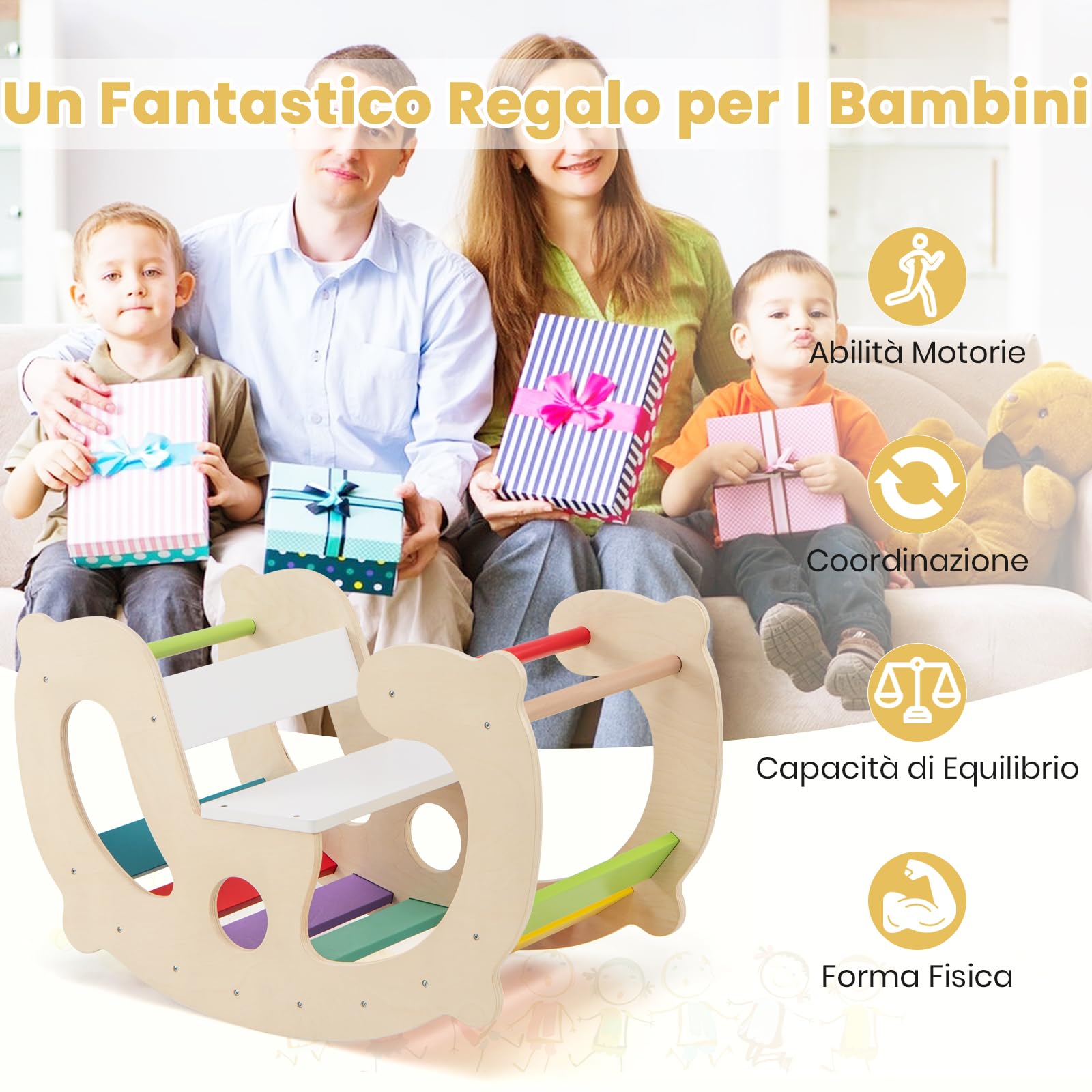 GYMAX 2 in 1 Arco a Dondolo per Bambini, Set Arrampicata Montessori e Cavallo a Dondolo in Legno con Schienale e Sedile, Giostra Interna in Palestra per Giochi Didattici, Regalo per Ragazzi 1+ Anni