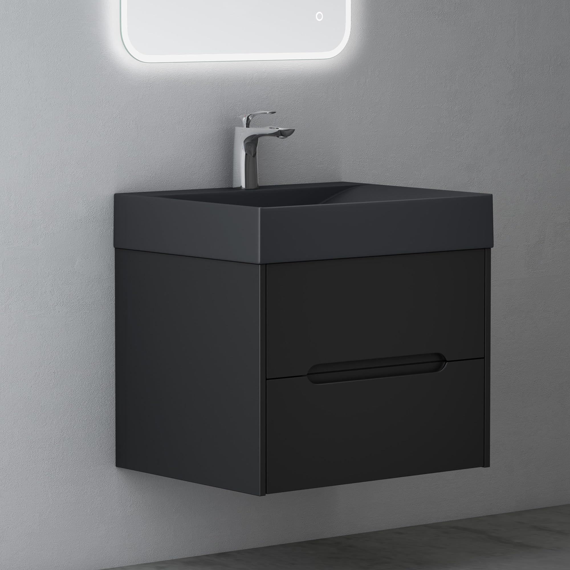 Mai & Mai Badezimmermöbel Waschbeckenunterschrank mit Softclose Schubladen inkl. Mineralguss Waschbecken 60cm in Matt Schwarz Badmöbel-Set Yoga