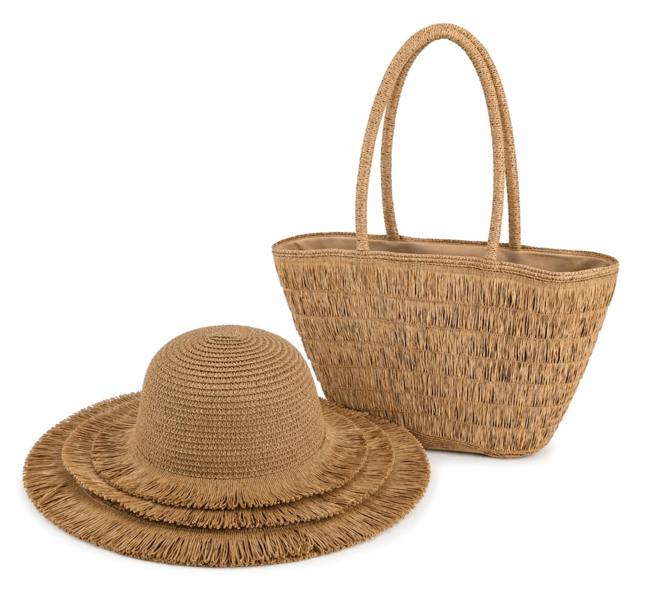 Generisch Damen Sommer Strand-Set, Strohtasche & Hut, Schwarz, Papiermaterial, Tasche 40x60 cm, Hut 41x13 cm | Strand und Urlaub