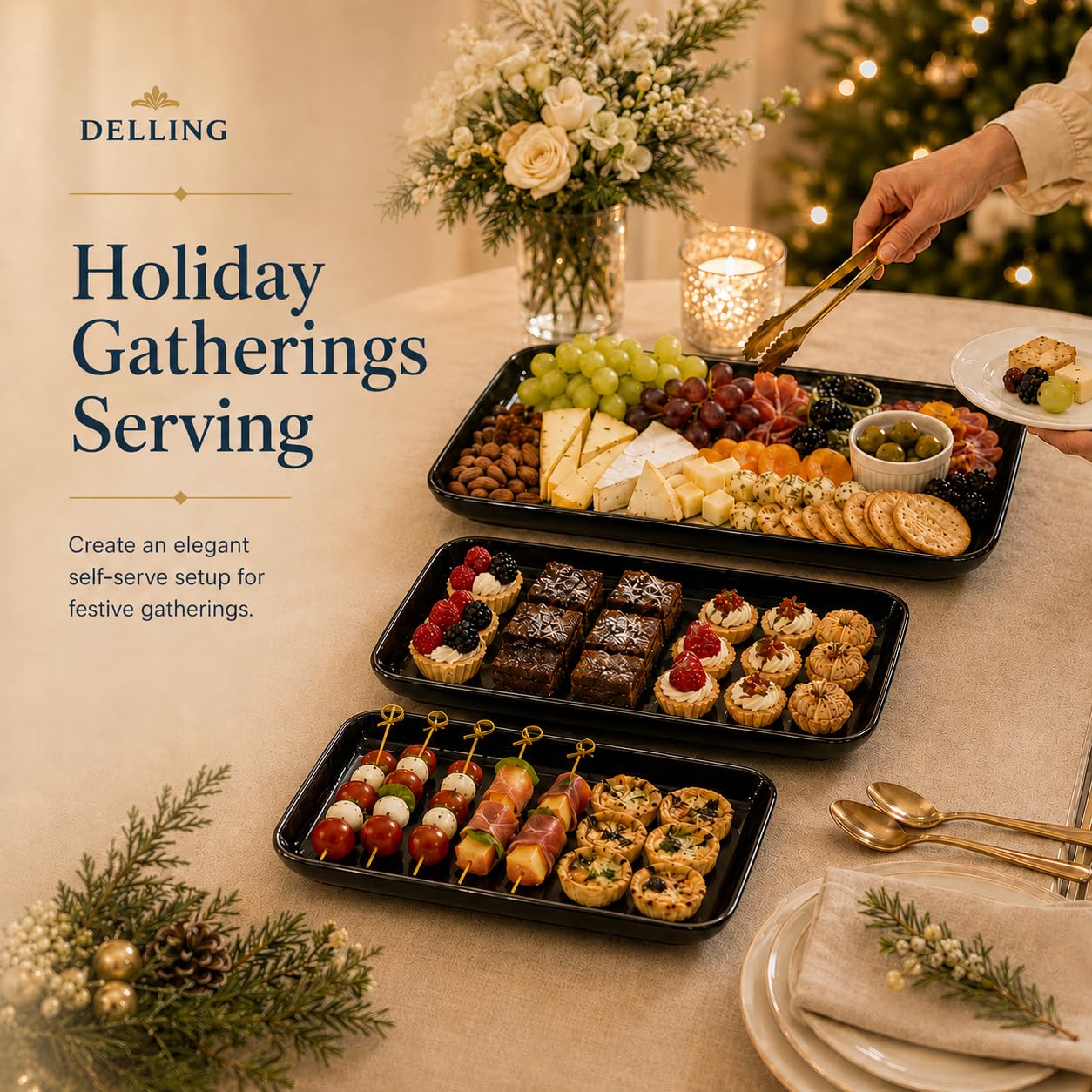 DELLING Große Servierplatte, 40,6 cm, 35,6 cm, 35,6 cm, 30,5 cm, schwarz, Serviertablett, rechteckige Servierplatten für Party, Unterhaltung, Truthahnplatte für Thanksgiving, Weihnachten, mikrowellen-