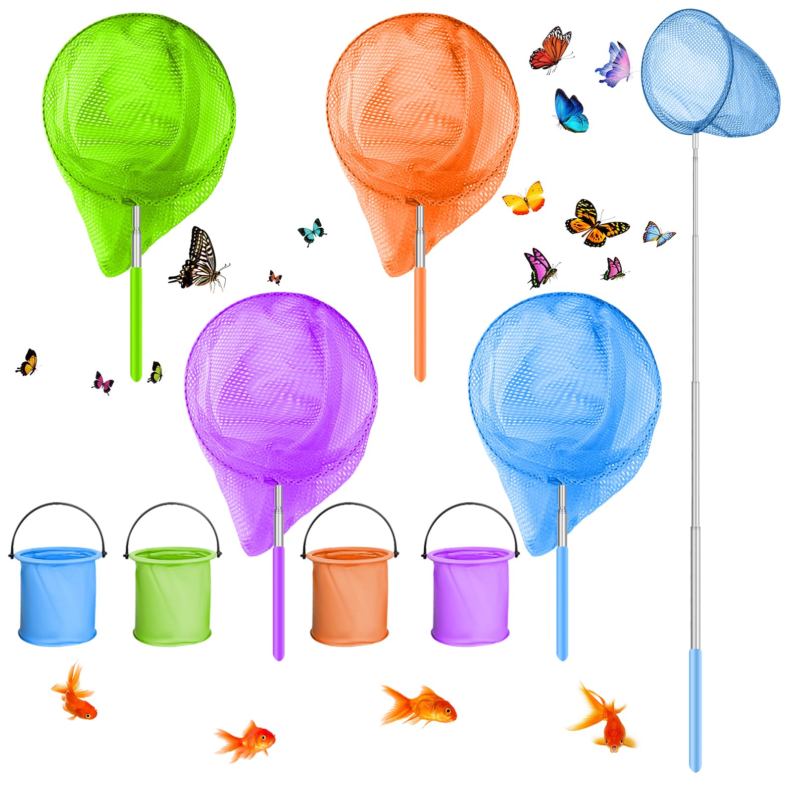Retino per bambini, set di 4 retini telescopici per bambini, rete a farfalla estensibile con secchi pieghevoli, retino piccolo, rete da pesca, cattura insetti, pesca, pesca, giardino, piscina