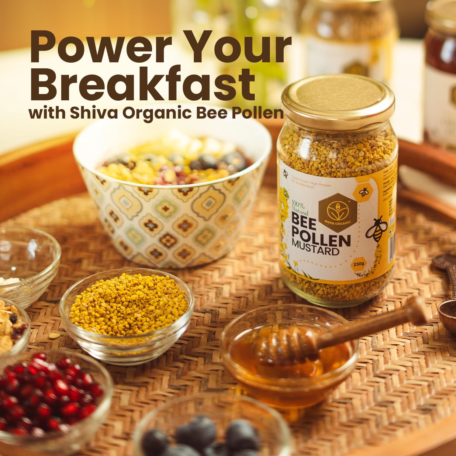 Shiva Organics Mustard Bee Pollen - 100% Natural, Plant-Based Protein, Energy Booster, Rich in Minerals & Vitamins - 17.63 ounces (500g)