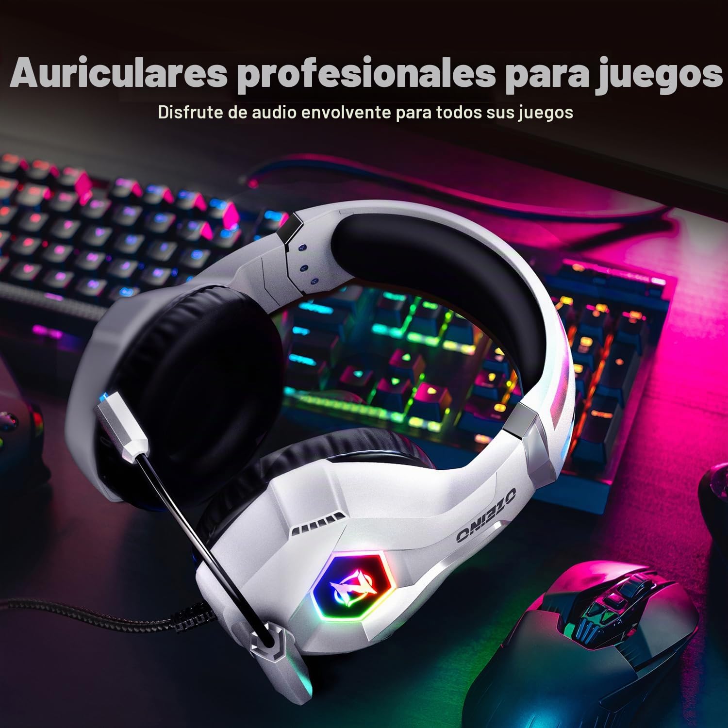 Ozeino Auriculares para juegos PS4 PS5 PC con sonido envolvente 3D con micrófono, auriculares cancelación de ruido, luces RGB para gamers