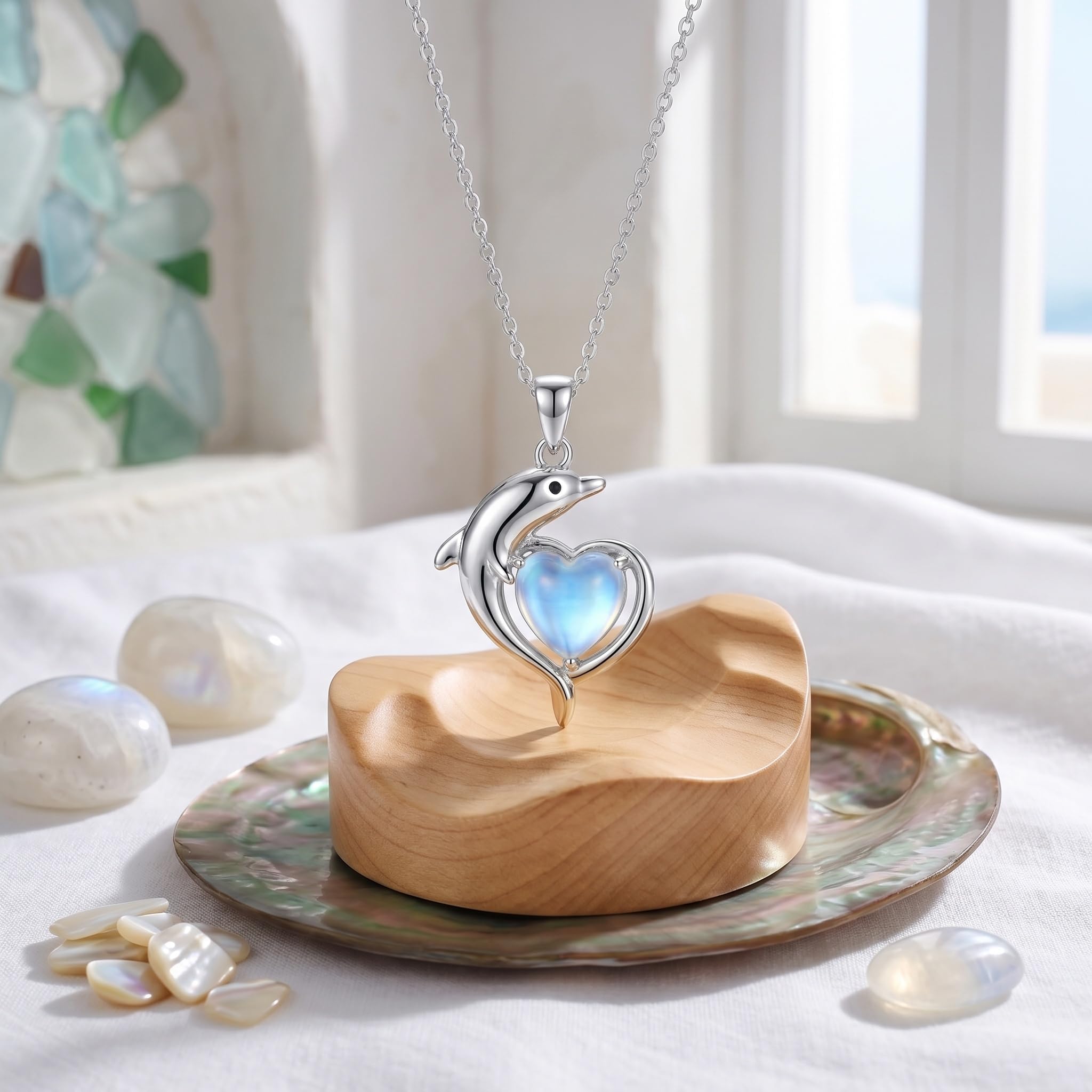 Mondstein Delfin Herz Halskette Damen 925 Sterling Silber Ozean Delfin Anhänger mit Herzförmigem Mondstein Schmuck Geschenk für Frauen Geburtstag Jubiläum