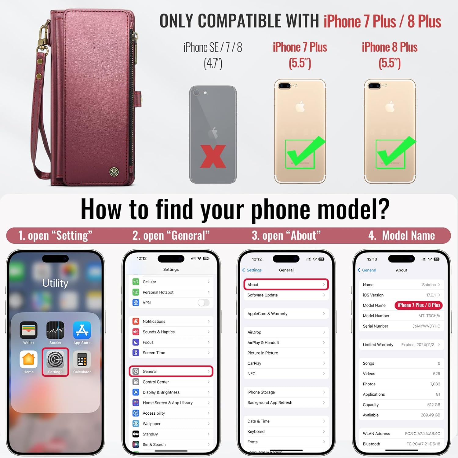 Defencase Compatible with iPhone 8 Plus/ 7 Plus Case Wallet with RFID Blocking Card Holder for Women Men PU Leather Magnetic Snap Flip Zipper Strap Wallet Phone Cases Cover, Wine Red - Image 2