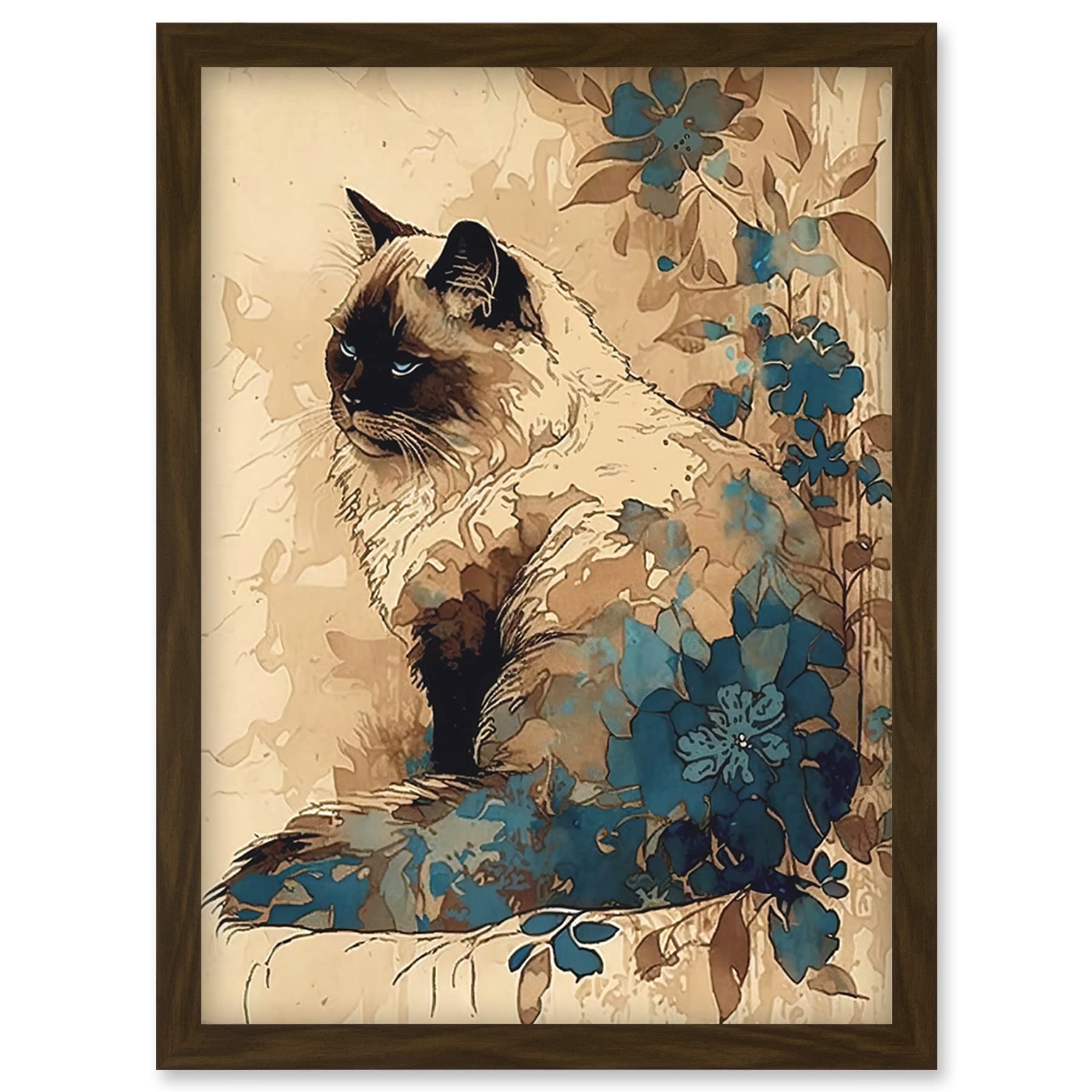 Artery8 Ragdoll Cat with Floral Patterns Watercolour Illustration Artwork Framed Wall Art Print A4