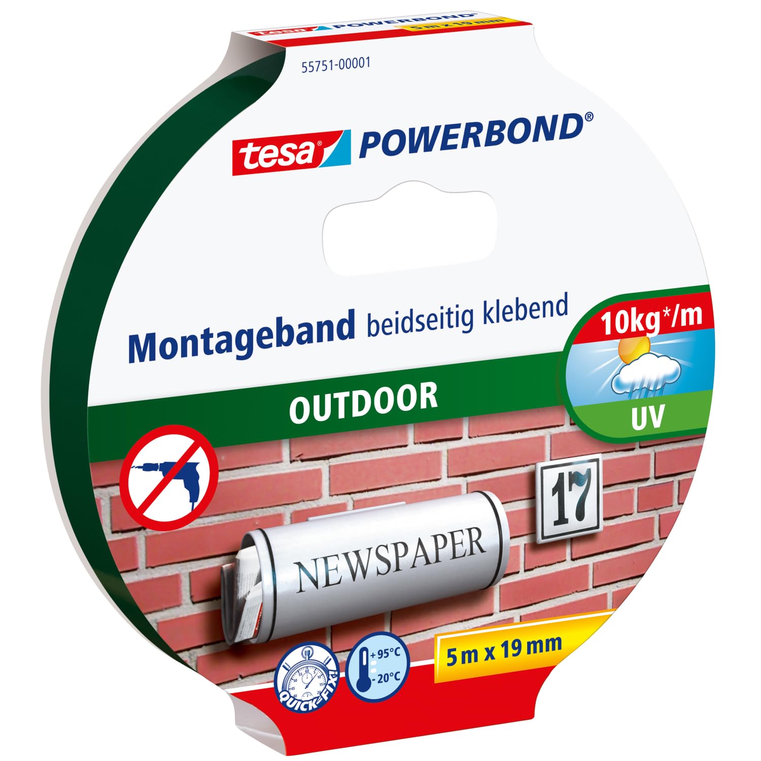 tesa Powerbond OUTDOOR - Double-Sided Mounting Tape for Outdoor Use - UV-, Water- and Temperature Resistant Adhesive Tape - Holds up to 1 kg per 10cm tape, 5m x 19mm