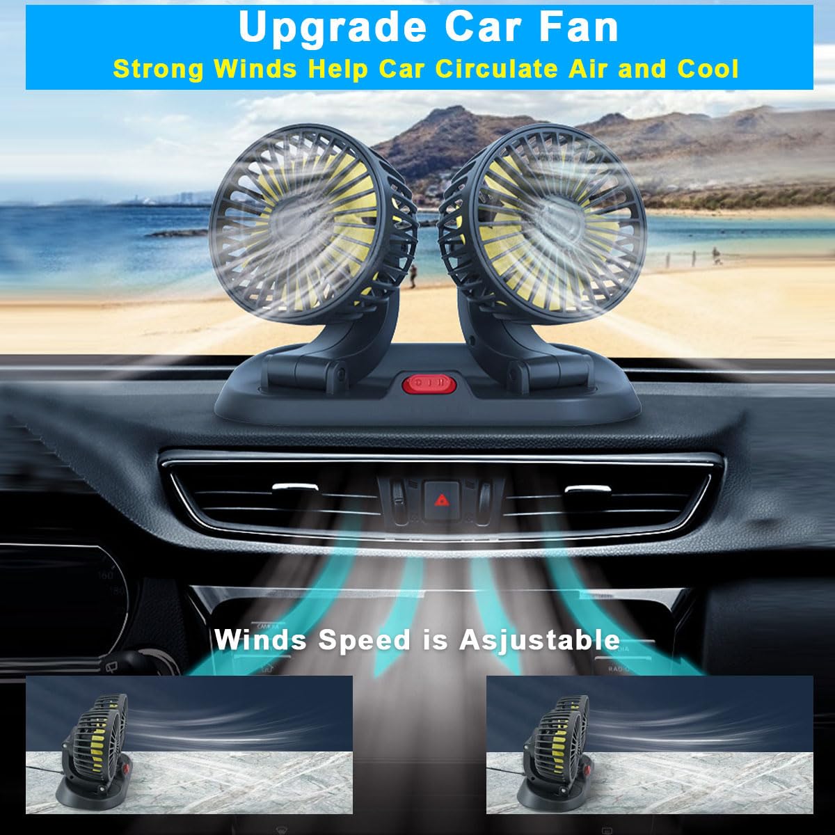 Ventilatore Da Auto 12V A Basso Rumore (45 DB) | Si Collega All'Accendisigari | A 2 Velocità | Adatto Per Auto, Camion, SUV, Barche