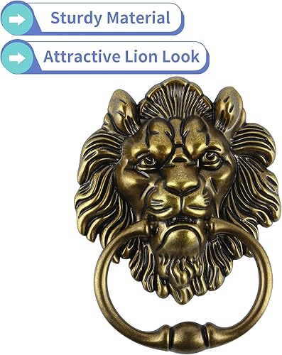 Vista 18 de MOLIGOU Lion Head Door Knocker, 6 Inch Decorative Front Door Knocker, Antique Lion Door Ring Pull Handle (Gold)