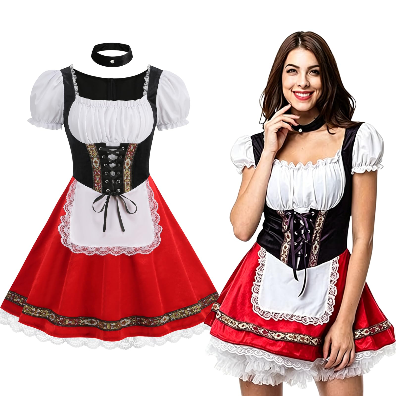 maxToonrain Oktoberfest Outfit Women Puff Sleeve Velvet Bavarian Beer Maid Dress with Foral Embroidery, Lace Trim, Apron & Choker for Halloween, Themed Parties & Beer Festivals (Dark Red, M)