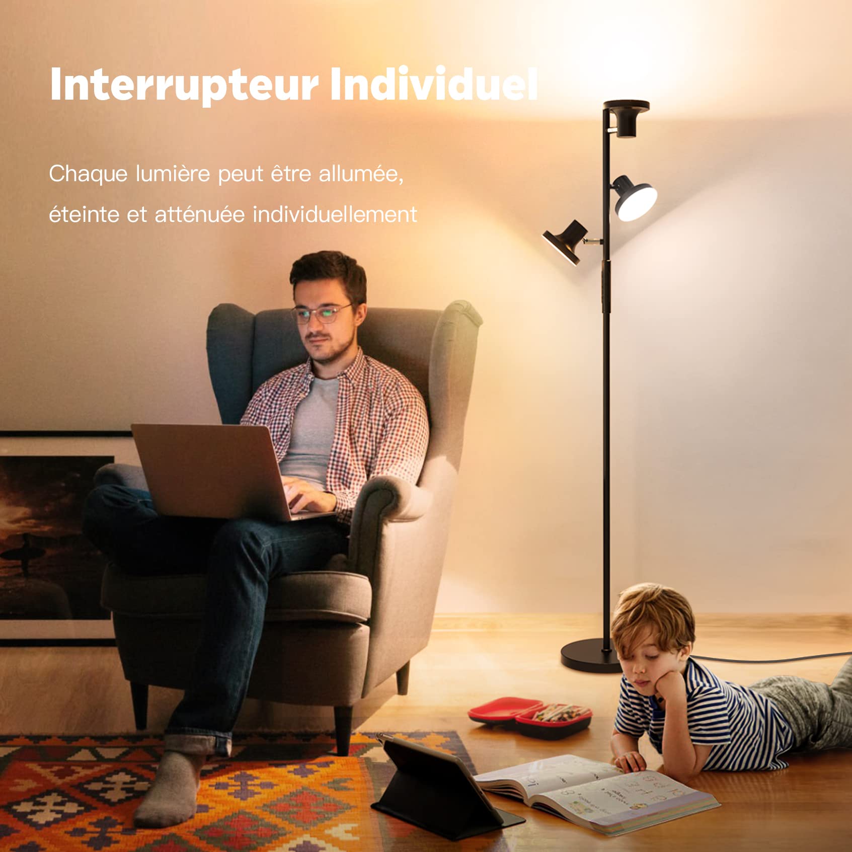 SIBRILLE Lampadaire LED Dimmable 36 W 2500 lm Avec Télécommande & Contrôle Tactile, 4 Températures de Couleur, 3 Lampes Réglable LED pour Salon, Chambre et bureau