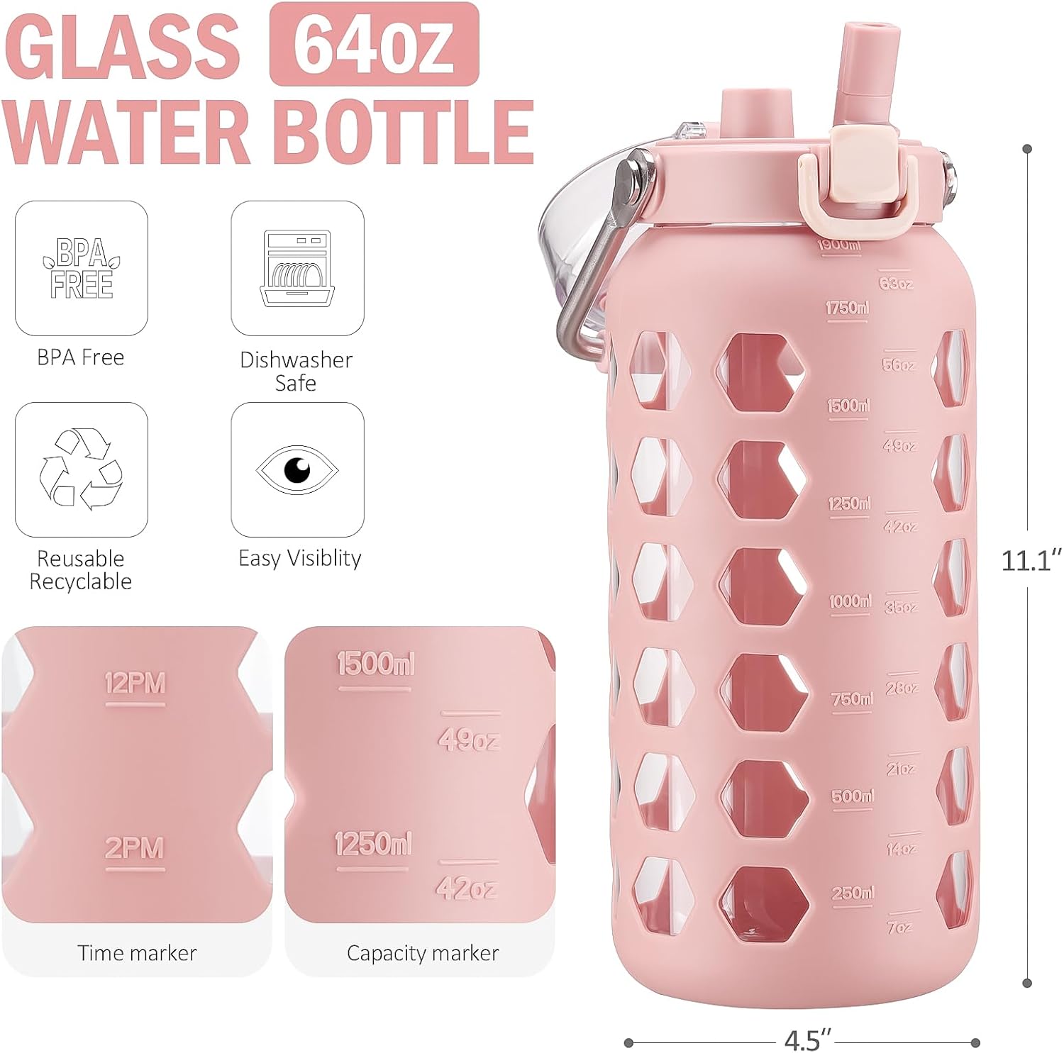 MUKOKO 64oz Glass Water Bottles with Straw and Lid,Half Gallon Water Bottle with Time Marker,Large Glass Water Jug with Silicone Sleeve and Stainless Steel Handle-Pink - Image 3