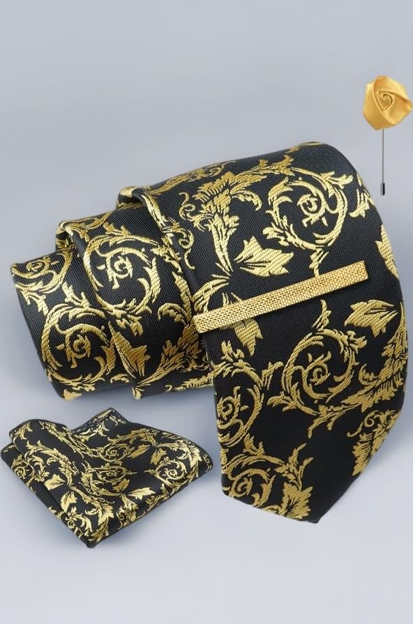 Axlon Tie for Men โ Geometric Silk Neck Ties Set with Cufflinks Flower Pin, Pocket Square & Black Gift Box, Combo Necktie Sets for Office Wear, Formal Suits & Weddings (0, AXFW)