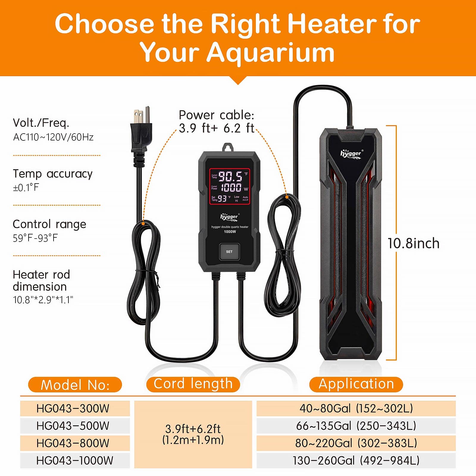 Hygger Aquarium Heizung 300W/500W/800W/1000W, Tauchheizung für Aquarium mit Digital LED Driver und Smart Heizsystem für Süß- und Salzwasser, Schwarz