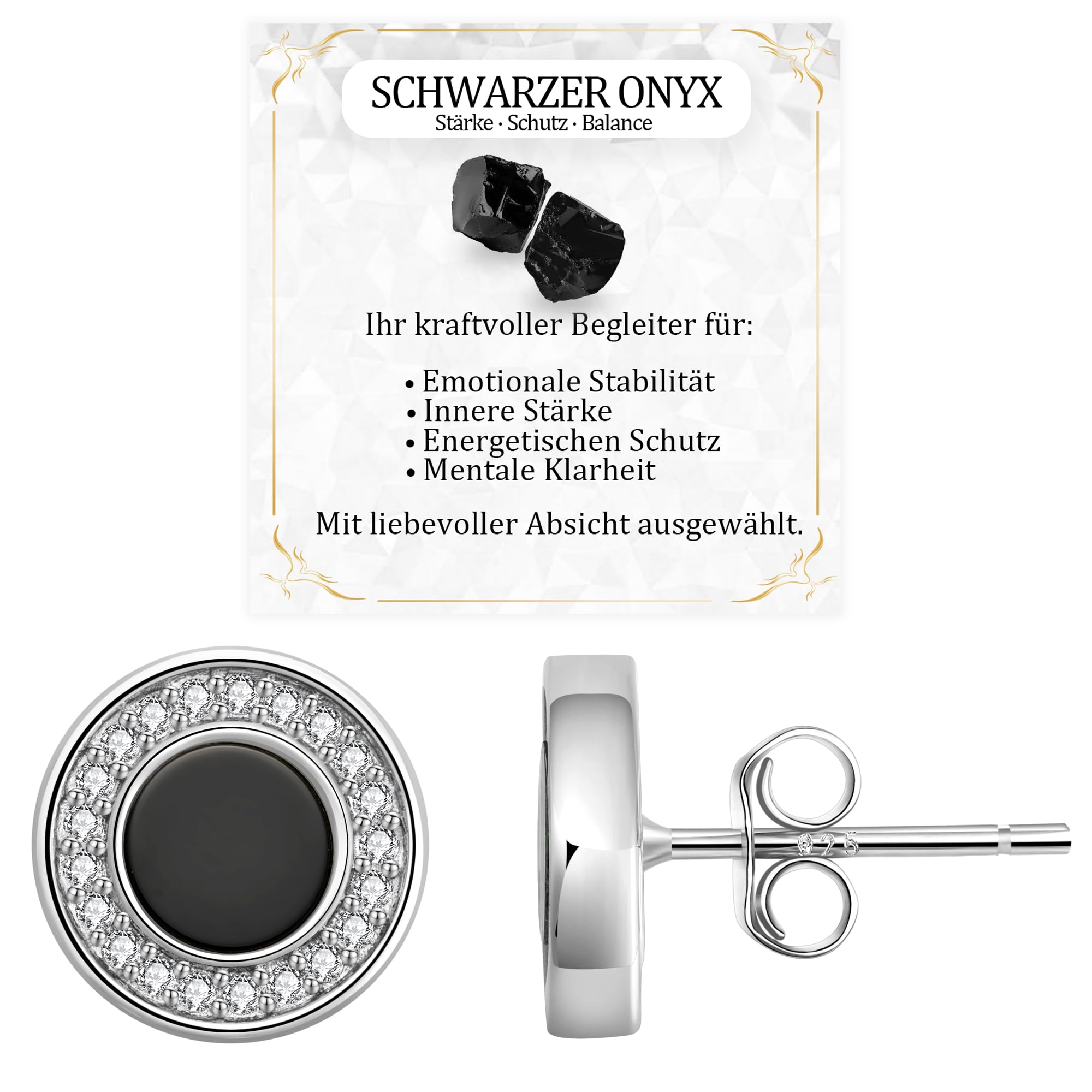 JANDY SHINE Weiße Perlmutt/Schwarzer Onyx Ohrringe für Damen 925 Sterling Silber Hypoallergene Natürlicher Edelstein Ohrstecker mit 5A Zirkonia, 10mm Durchmesser