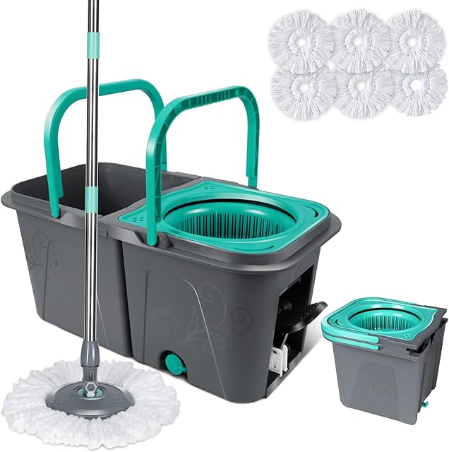 Midyb Mop and Buckets Sets, 132cm Spin Mop and Bucket with Foot Pedal, Microfiber Floor Mops with 6pcs Washable Pads for Kitchen Cleaning Hardwood Laminate Tile Floors
