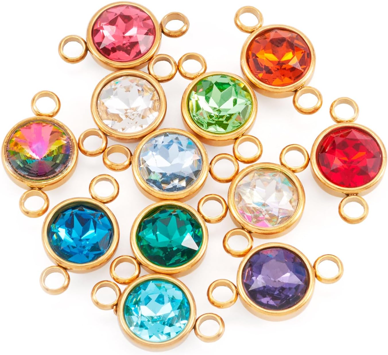 Pandahall 12Pcs Flat Round Birthstone Charms Glass Rhinestone Links Crystal Birthstone Charms Stainless Steel Connector Pendants 12 Colors for Earring Necklace Bracelet Keychain Making - Image 7