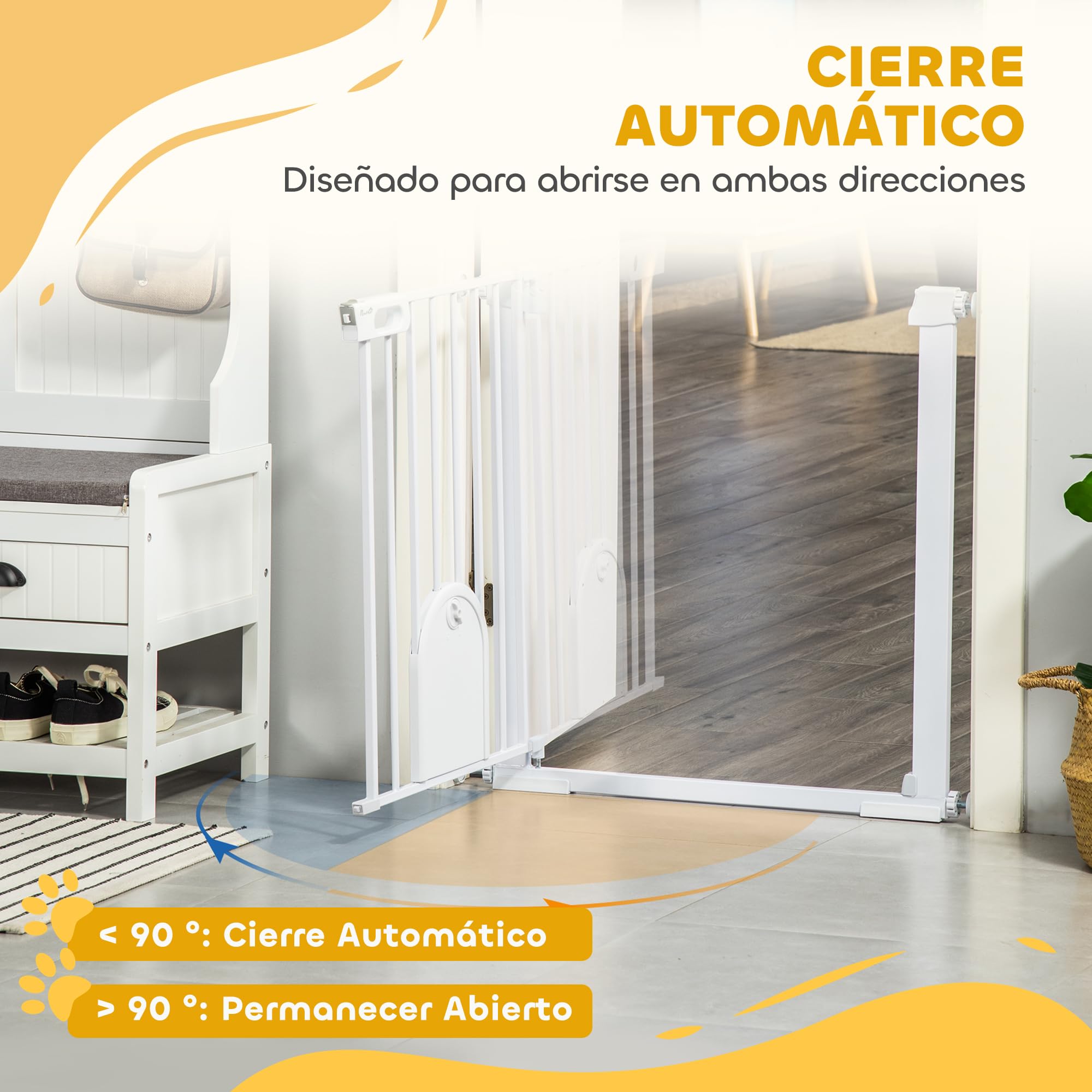 PawHut Barrera de Seguridad para Perros Mascotas 75-103 cm para Escaleras y Puertas con 2 Extensiones Cierre Automático y Sistema de Doble Bloqueo Blanco