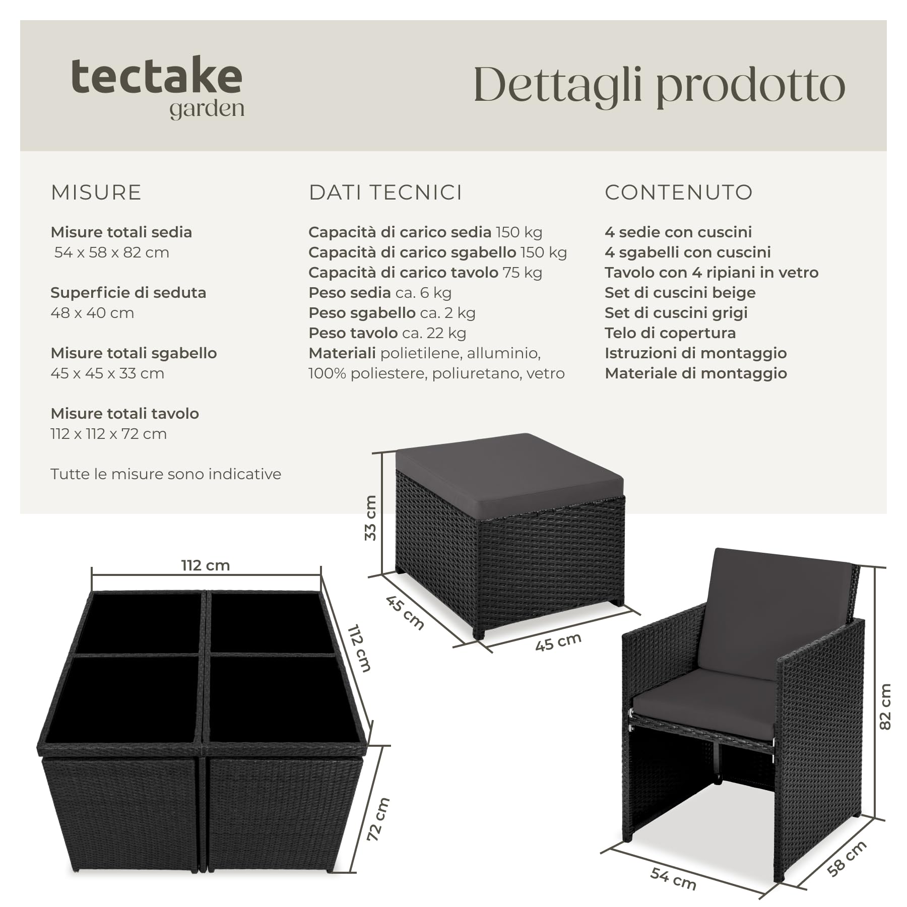 Tectake Set Mobili da Giardino Rattan Sintetico Alluminio 4 Sedie Tavolo 4 Sgabelli Involucro Protettivo Nero