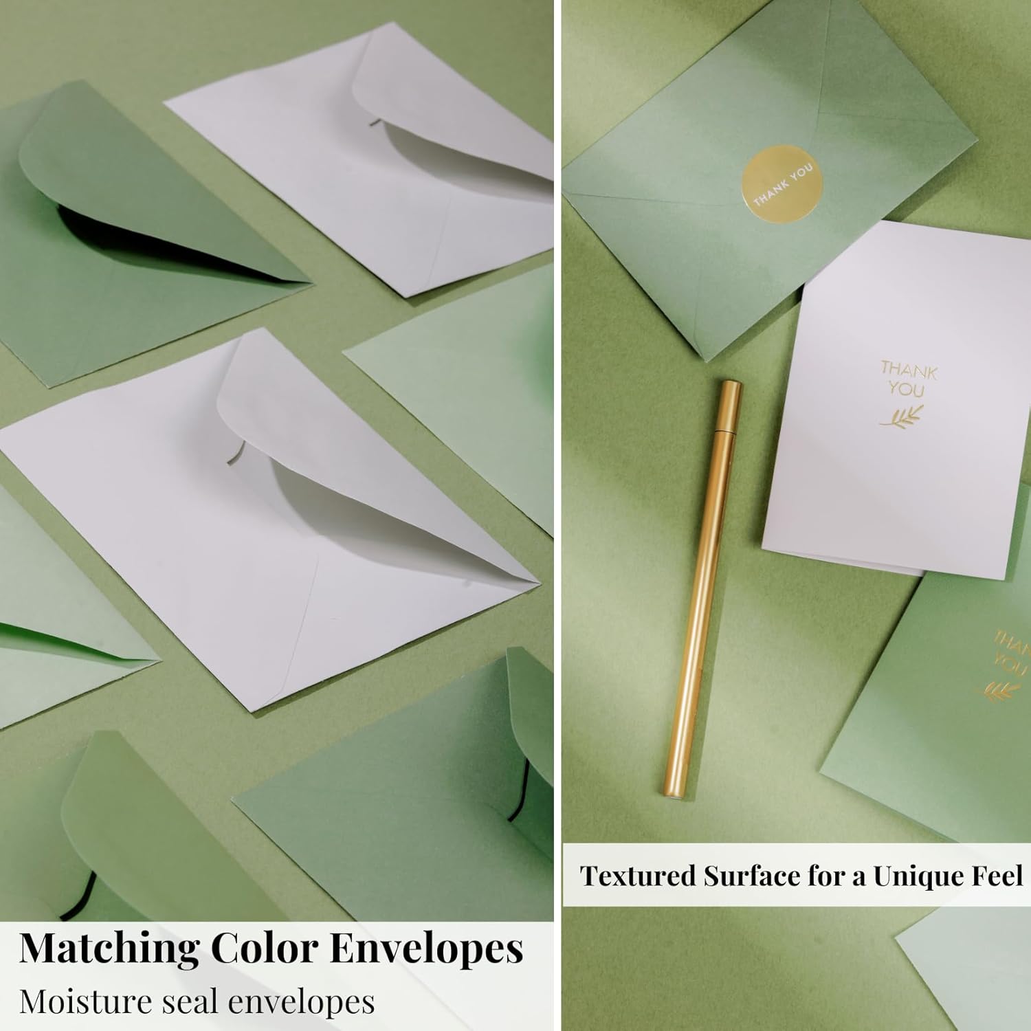 Gold Foil Thank You Cards - Bulk Pack of 40, 5x3.5 Inch with Matching Stickers & Envelopes (Green) Textured Surface for a Unique Feel - Suitable for Baby Shower, Wedding, Small Business, Graduation - Image 6