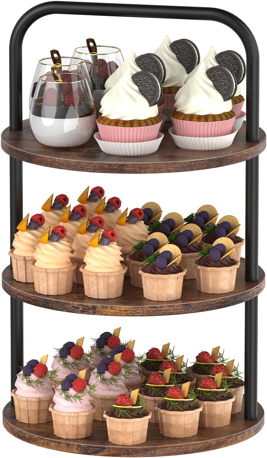3-Tier Wooden Cake Stand with Handle - Multipurpose Afternoon Tea & Buffet Riser, Display Stand for Desserts, Events , Accent Serving Platter and Display Stand for Party, Baking,Wedding